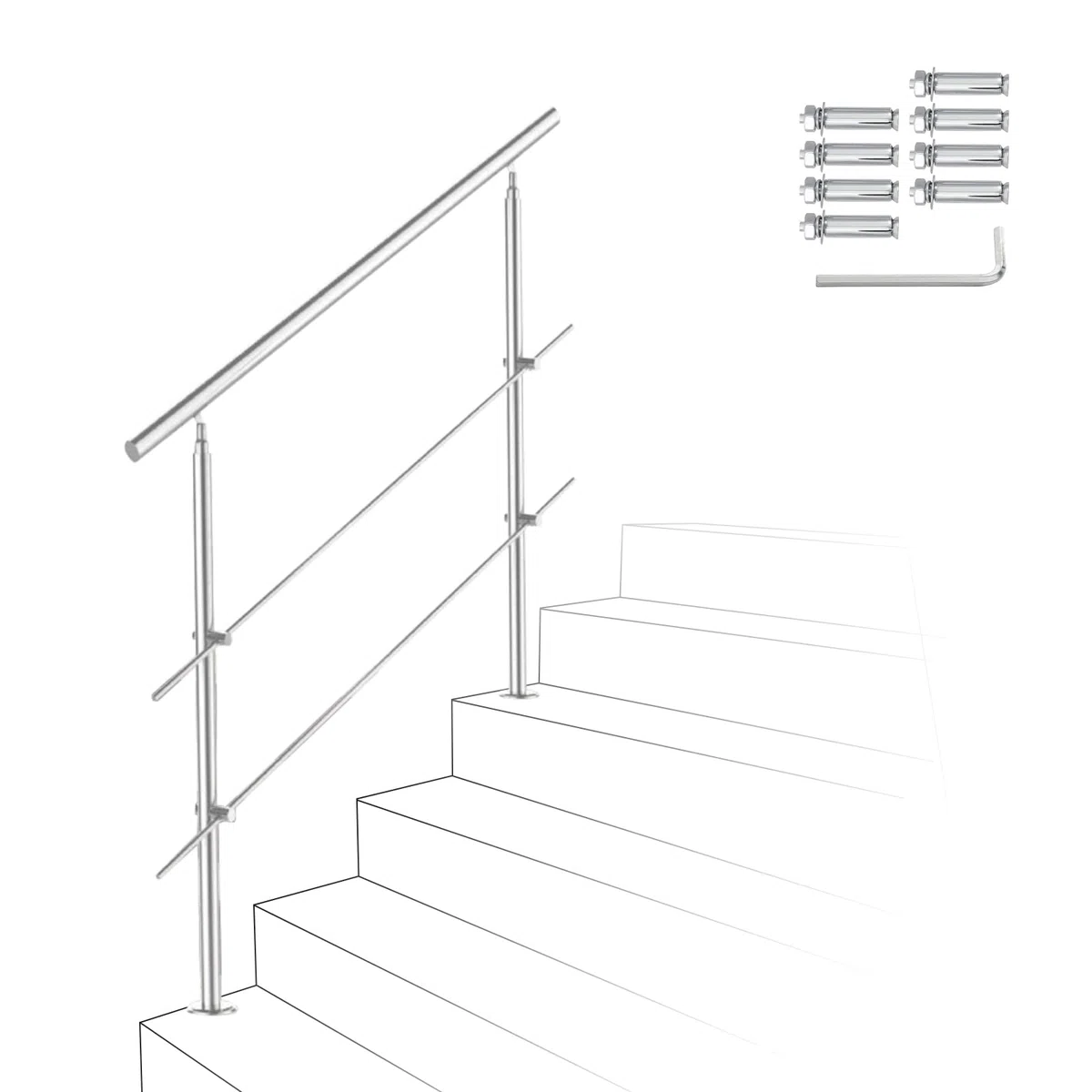 Ikodm Barandilla de acero inoxidable para escaleras, 100 cm, con 2 barras transversales y accesorios, para escalera interior, balcón, entrada de casa