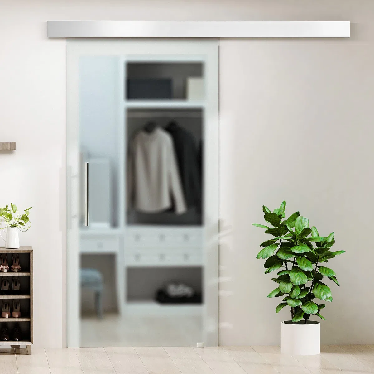 HOMCOM Puerta Corredera 77,5x205 cm Puerta Corrediza de Cristal con Riel Silenciosa para Sala de Estar Comedor Translúcido