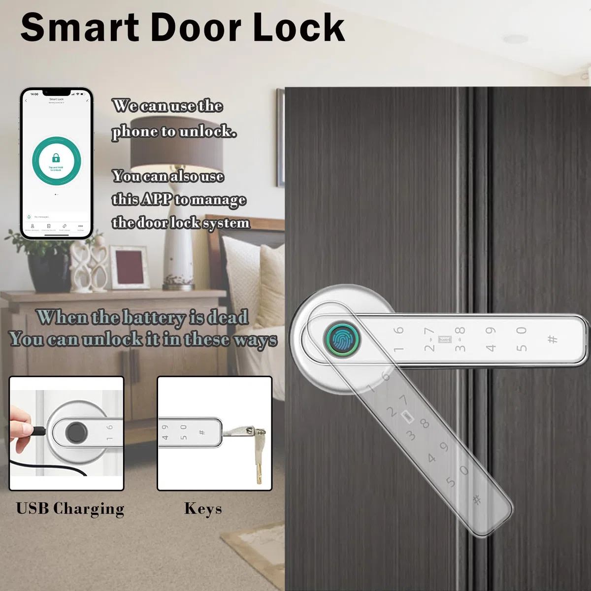 Cerradura de Puerta Inteligente con Huella Dactilar, Manija de Puerta Inteligente Automática 5 en 1 con Control por APP/Huella Dactilar/Tarjetas IC/Contraseña/Llaves de Respaldo, Cerraduras Digitales
