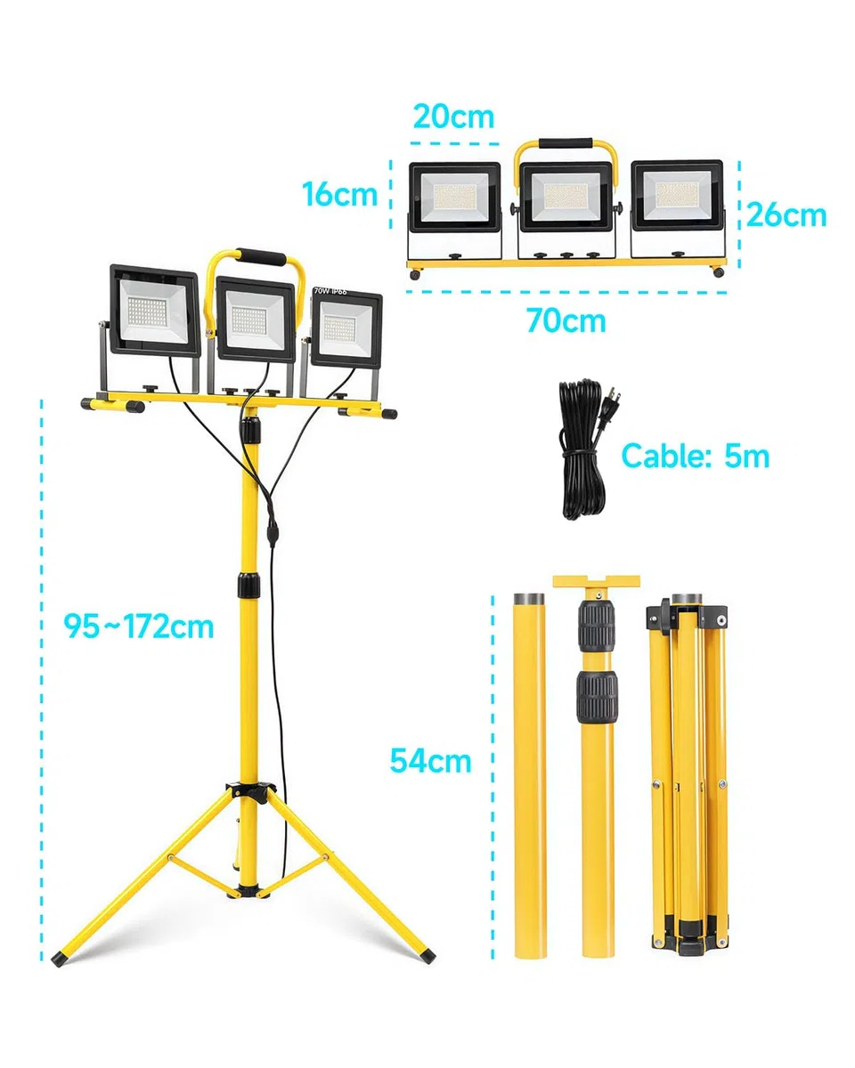 Foco de Trabajo LED 210W con Trípode, 20000LM, 3 Cabezas Giratorias, Cable de 5m, IP66 Impermeable, Luz de Trabajo Plegable para Exterior, Taller, Obra & Emergencias