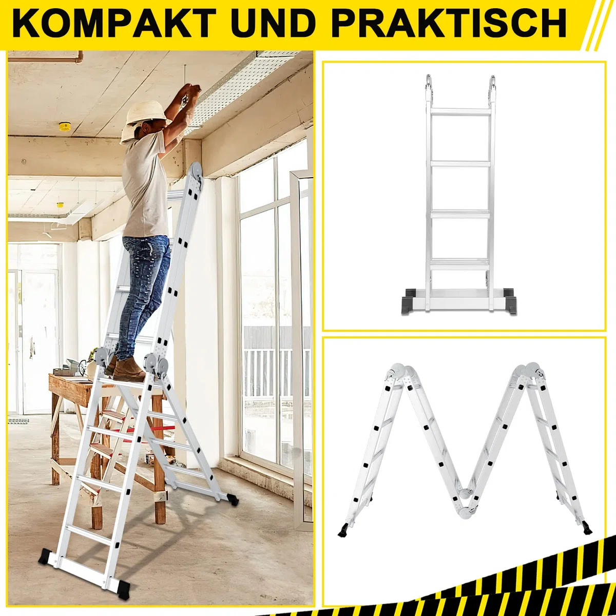 Escalera Multiusos de Aluminio de 4 x 4 peldaños, 470 cm, 7 en 1, con Plataforma, Escalera con 2 Placas de andamio, Escalera Multiusos Plegable, 16 peldaños, Color Plateado
