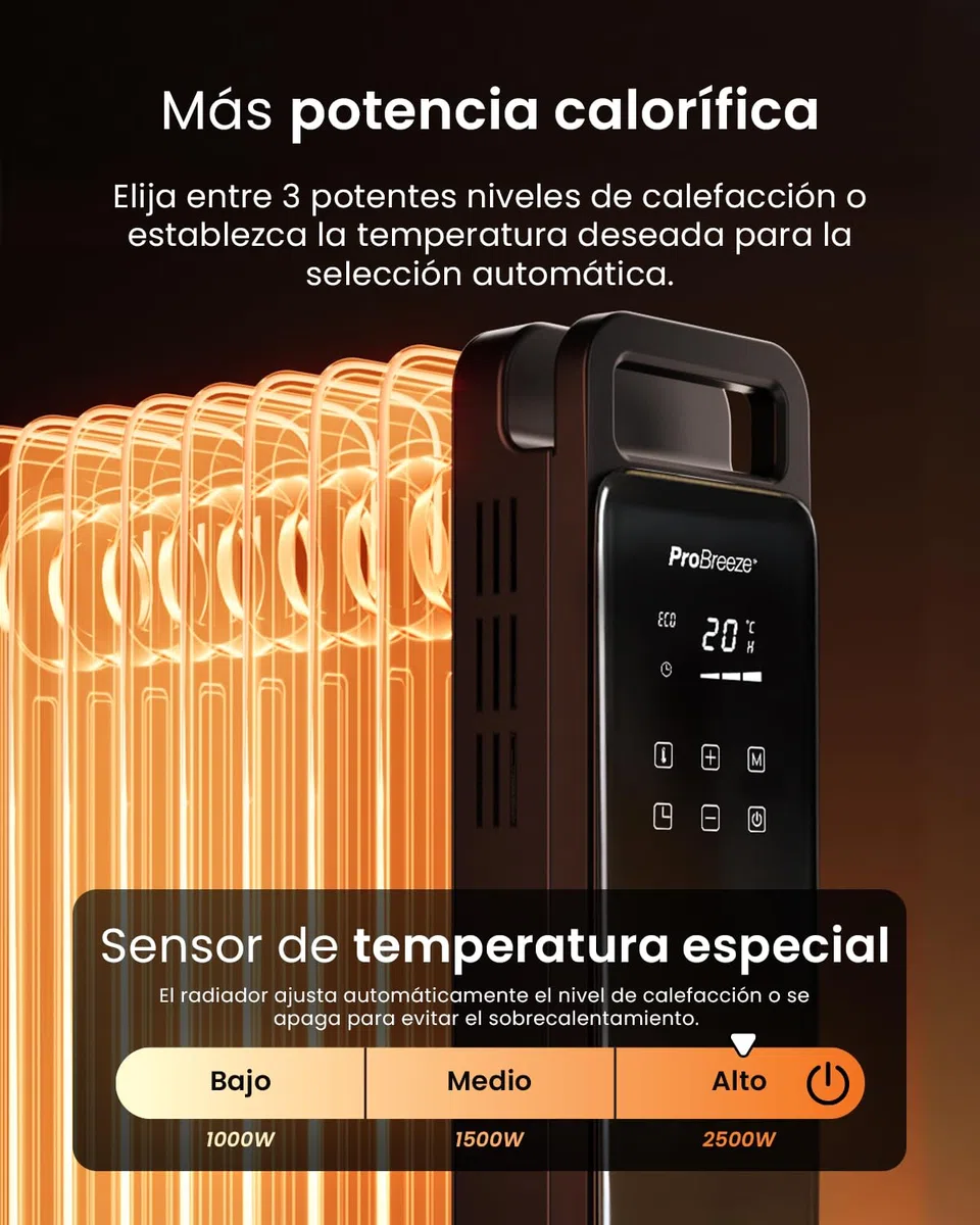 Pro Breeze OmniWarm Radiador de Aceite 2500W, 11 Aletas, Portátil, Pantalla Digital Táctil, Modo Eco, 3 Modos de Calor Ajustable, Apagado de Seguridad y Temporizador 24H