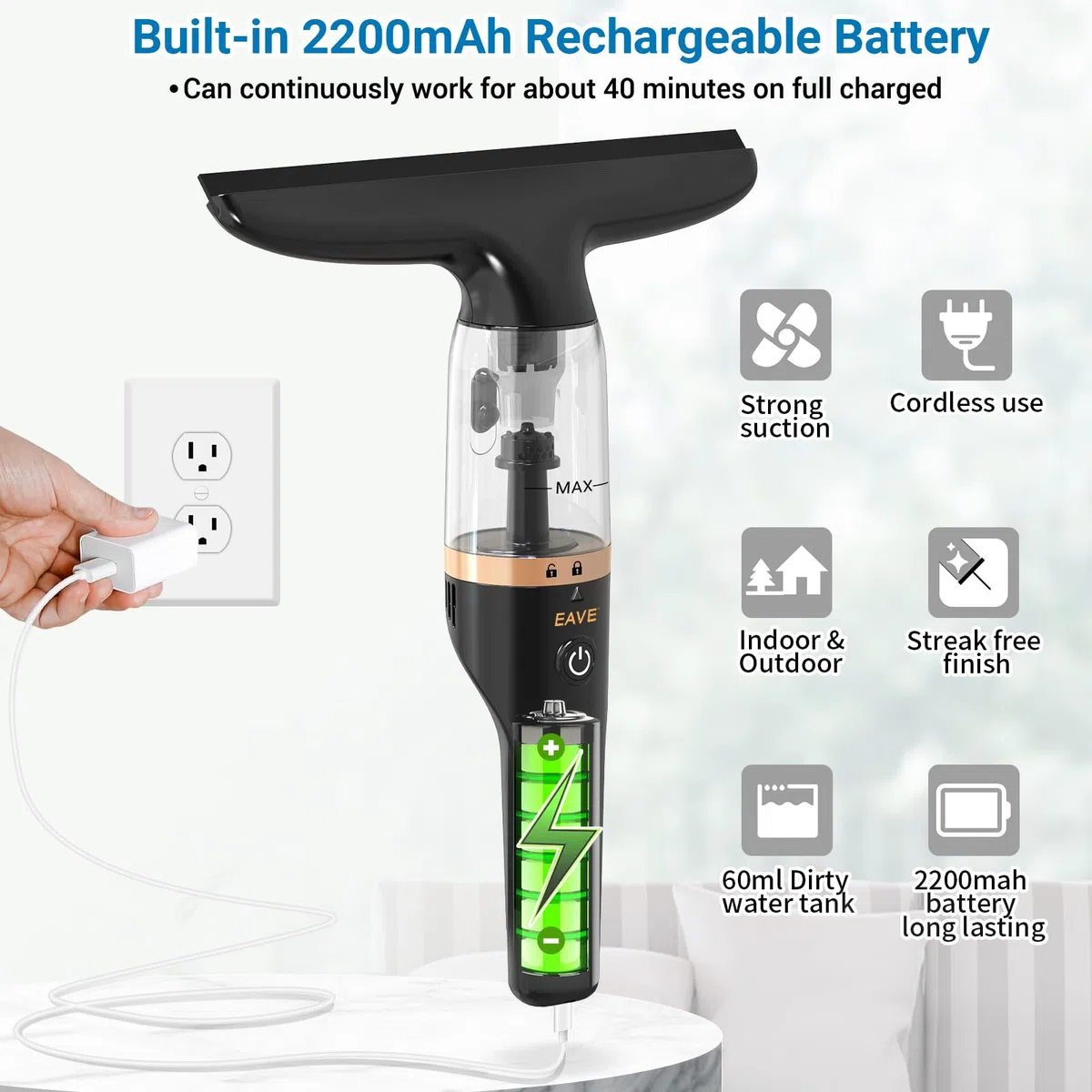 limpiacristales electrico Limpiador de Ventanas Aspirador recargable kit, Limpiador de ventanas con depósito de agua de 60 ml y botella rociadora