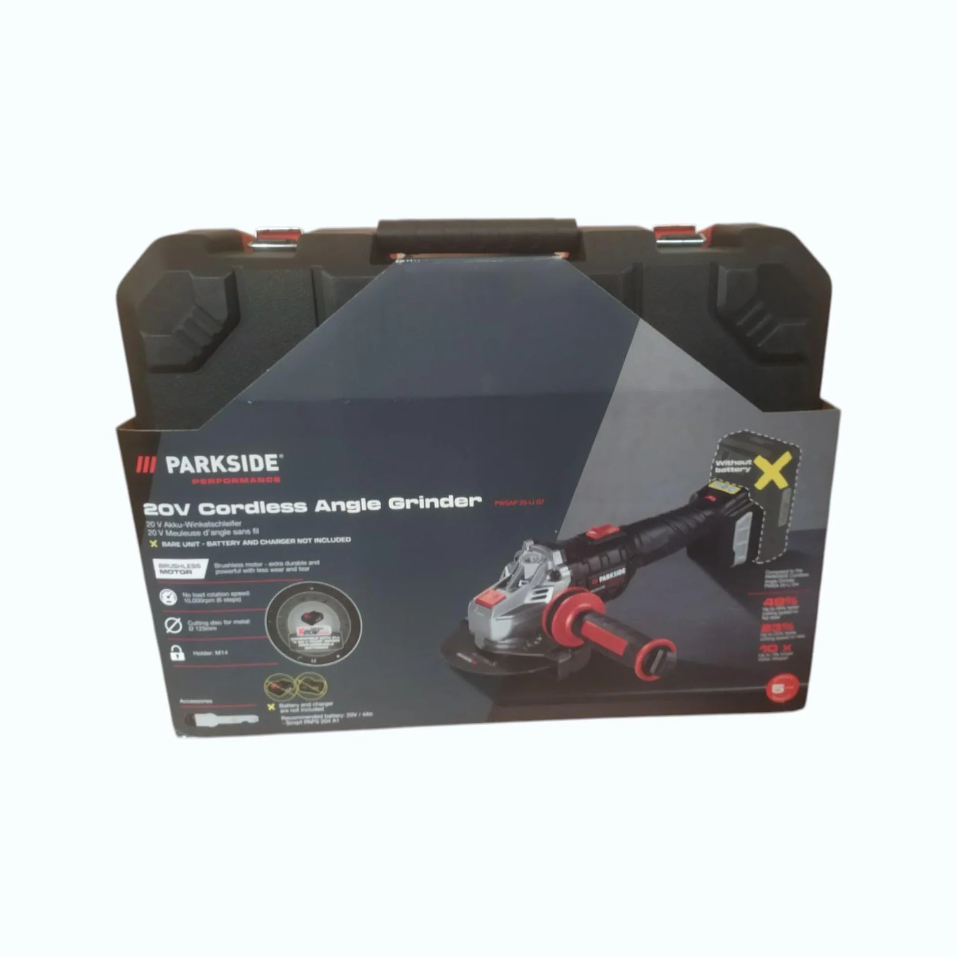 Amoladora angular inalámbrica PARKSIDE Performance X20V PWSAP 20 (sin escobillas/brushless, sin batería, sin cargador, en maletín de transporte)