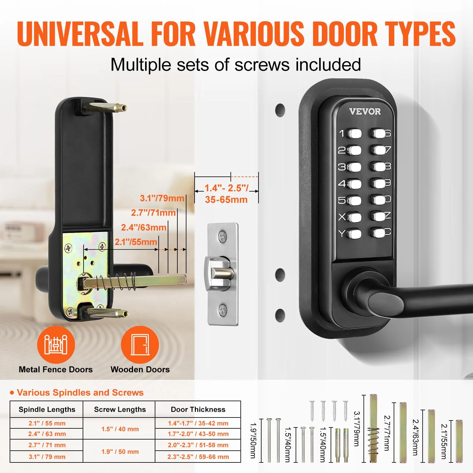 VEVOR Cerradura de Puerta Mecánica sin Llave Cerradura Codificada de Aleación de Zinc Teclado de 14 Teclas Manija de Puerta de Entrada Exterior Izquierda y Derecha para Puertas Espesor 35-65 mm