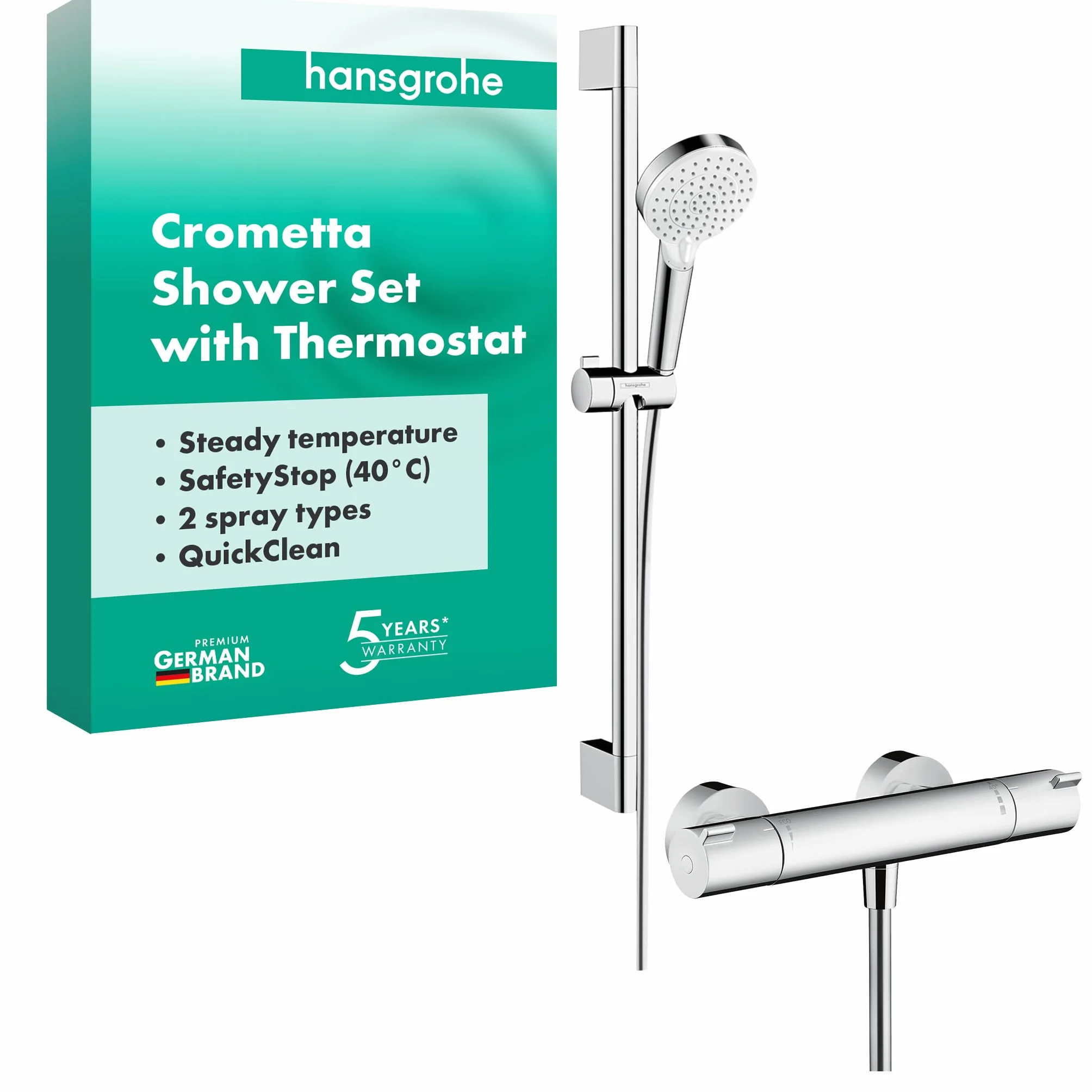 Hansgrohe Crometta Vario - Combinación de set de ducha y termostato, 2 tipos de chorro, 0,65 m, blanco/cromo
