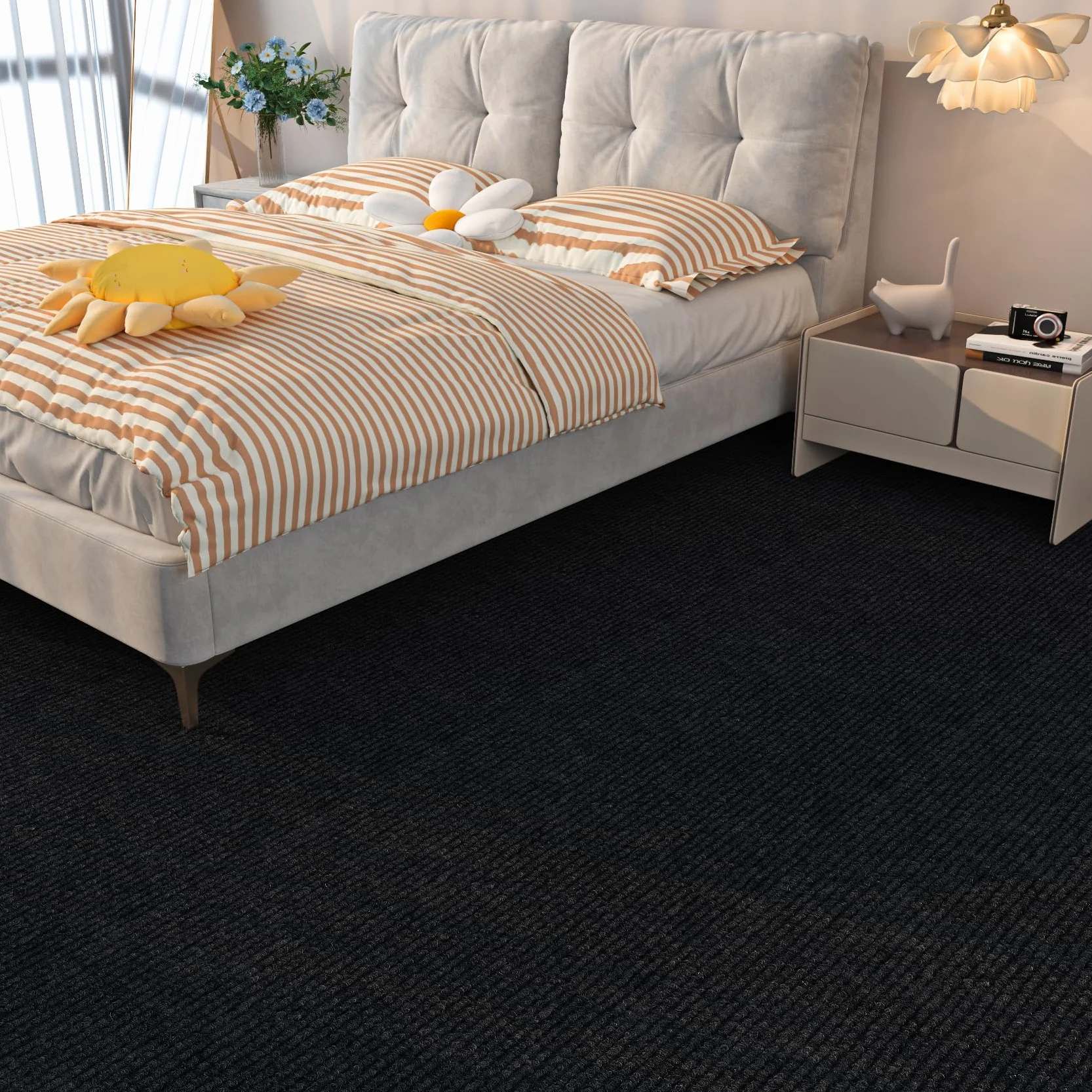 Livelynine Moqueta Adhesiva en Rollo para el Suelo Habitación Salon 60x400CM Antideslizante Moqueta para el Suelo de Casa Oficina Negro Moqueta por Metros Suelo Negra Alfombra Interior Comercio
