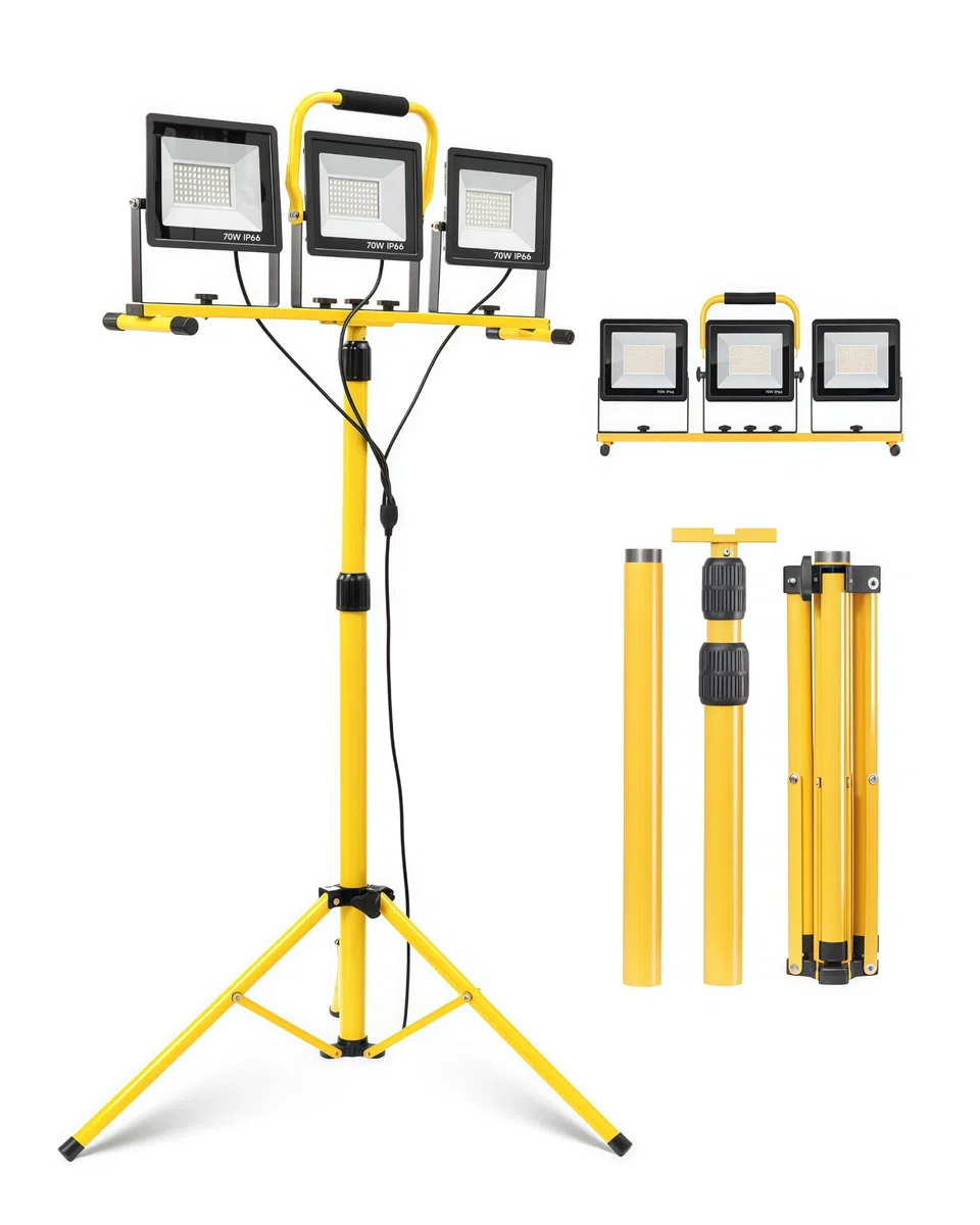 Foco de Trabajo LED 210W con Trípode, 20000LM, 3 Cabezas Giratorias, Cable de 5m, IP66 Impermeable, Luz de Trabajo Plegable para Exterior, Taller, Obra & Emergencias
