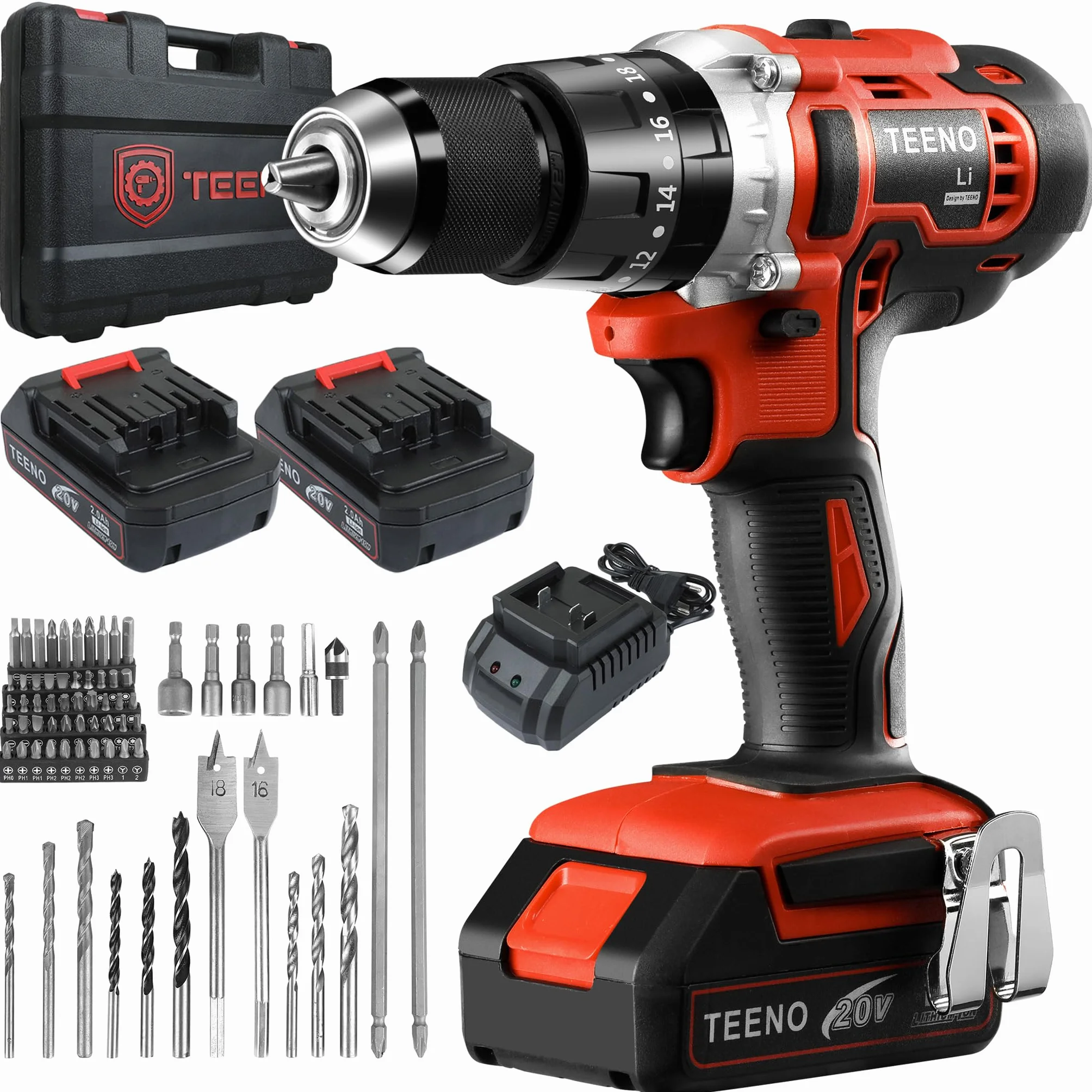 TEENO Cordless Drill Driver 2 x 2.0 Ah Batteries, Screwdriver 45 Nm Hammer Drill, 25 + 3 Torque Settings, 69 Accessories + Case, LED, DIY