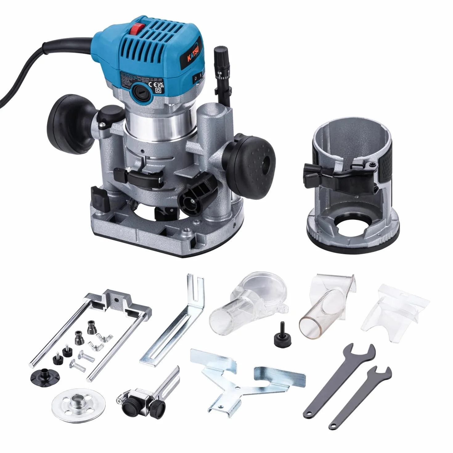 KATSU Tools Fresadora/trimmer eléctrica 710 W madera – arranque suave, base de inmersión, cuerpo aluminio, 3 portabrocas (1/4", 6 mm, 8 mm) bricolaje