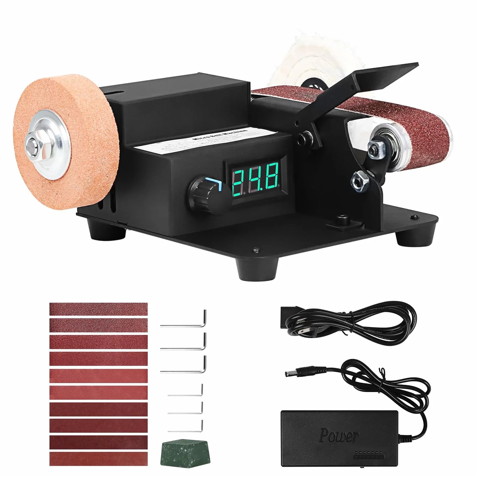 Mini Lijadora de Banda, Lijadora Eléctrica 350W 10000 rpm, Control Variable Infinito, Pantalla LED, Mini Pulidora de Escritorio para Metal Madera Aluminio Manualidades de Carpintería con 10 Bandas