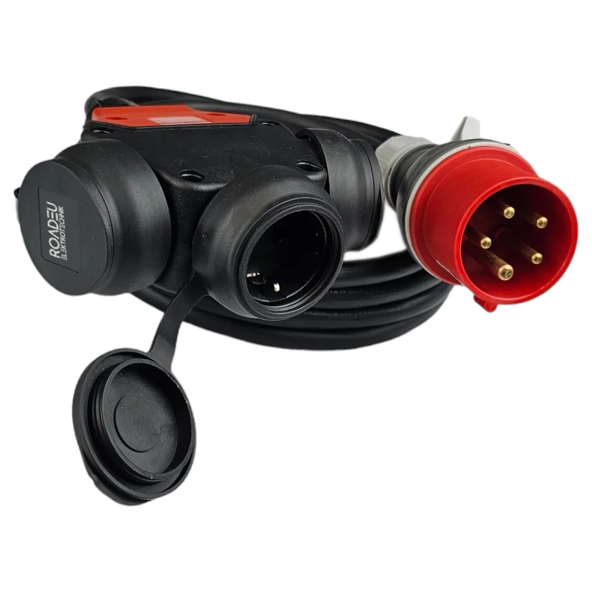 RoadEu - Adaptador CEE Schuko 380V a 220V, 16A Regleta De 3 Enchufes Schuko 220V. Cable Alargador 0,5m y 5,5 mm. Ideal para talleres, garajes u Obras