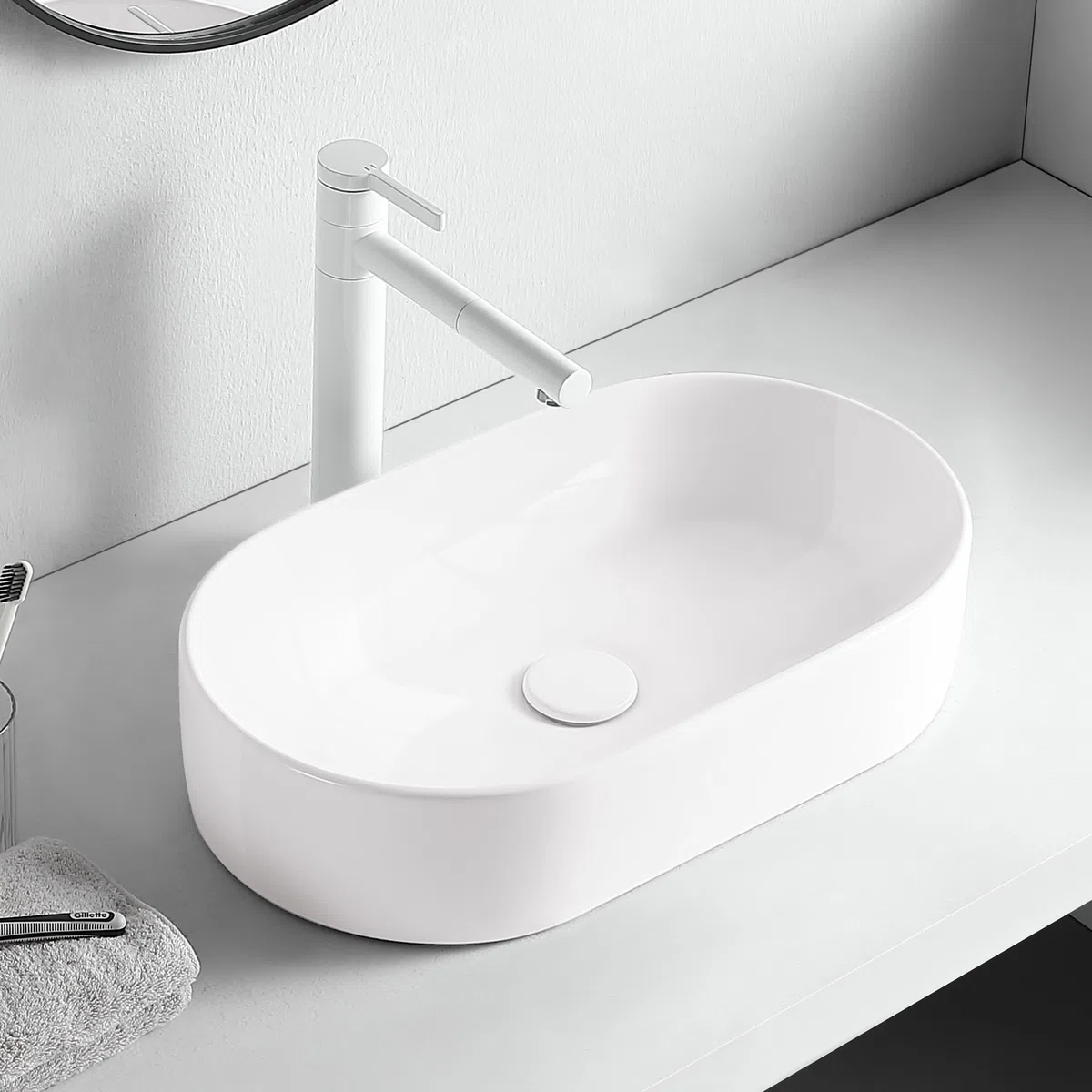 AQUAUNO NAIA Lavabo Ovalado Cerámica Blanca 51 x 31 cm sin Agujero Grifo Rebosadero