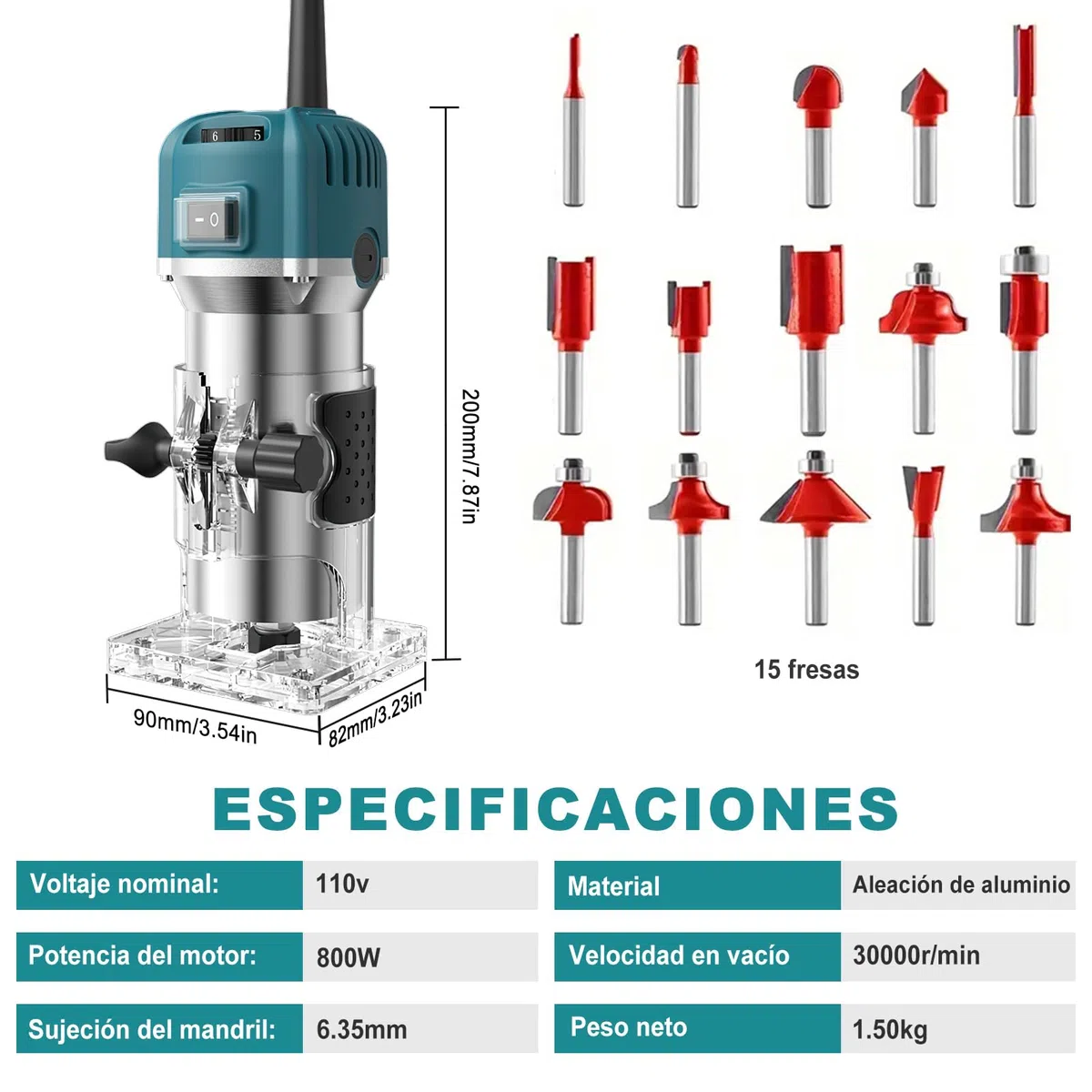 Fresadora de Madera Rebajadora Eléctrica 800W 30000RPM, 6 Velocidades Variables, con 15 Piezas de 1/4" Router Bits, para la Bricolaje Talla de Recorte