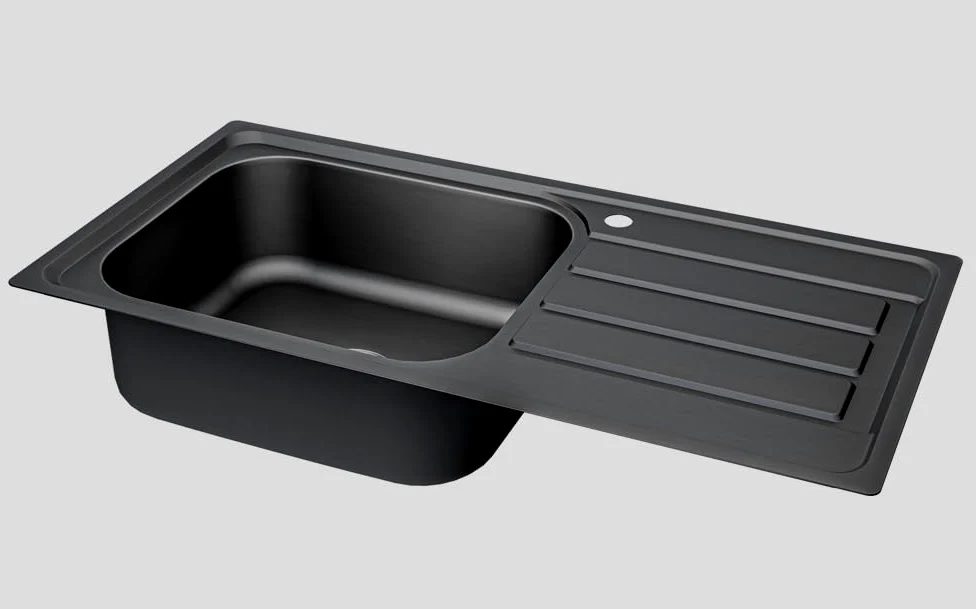 Fregadero de cocina 100 x 50 B, acero inoxidable 304, grosor del material: 0,8 mm, XXL, 50 x 40 cm, fregadero, empotrable, rectangular, 1 cuenco (escurridor derecha negro)