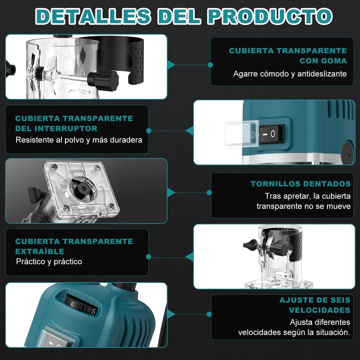 Fresadora de Madera Rebajadora Eléctrica 800W 30000RPM, 6 Velocidades Variables, con 15 Piezas de 1/4" Router Bits, para la Bricolaje Talla de Recorte