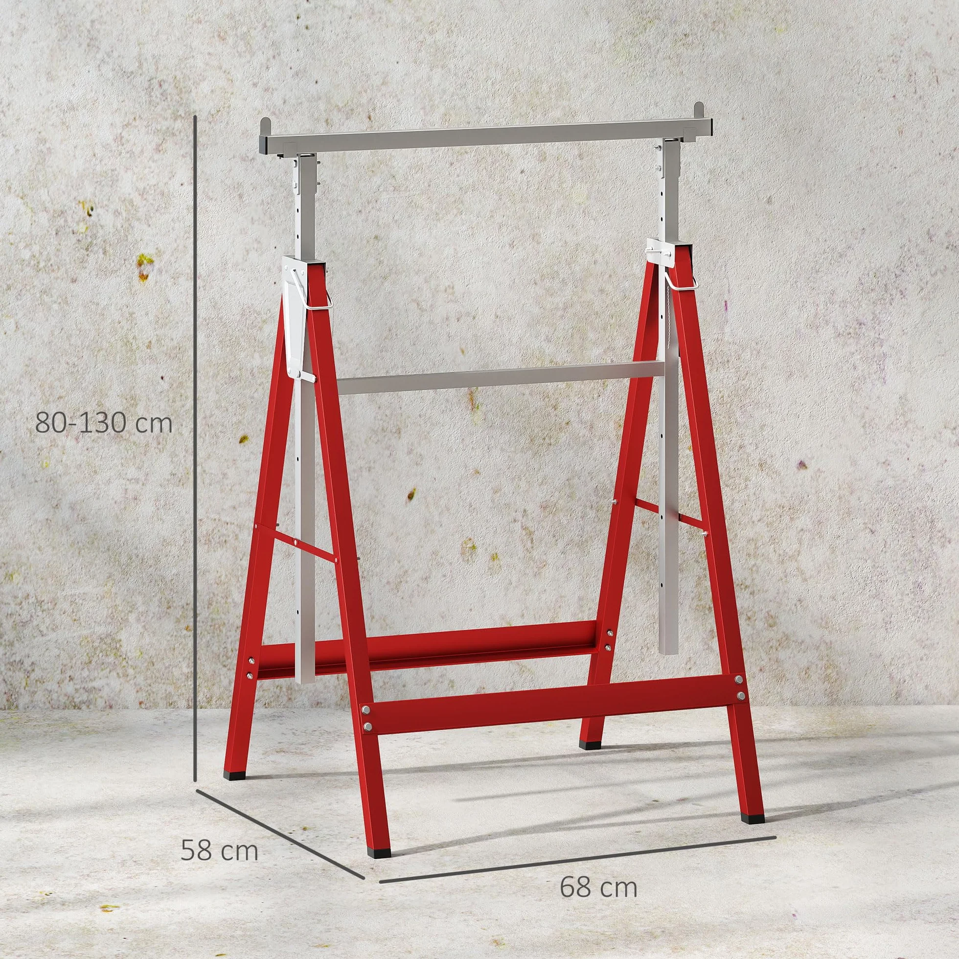 HOMCOM Set de 2 Caballetes Telescópicos Plegables con Altura Ajustable Caballetes de Sierra de Acero para Mesa y Trabajo de Bricolaje Carga 200 kg 68x58x80-130 cm Rojo