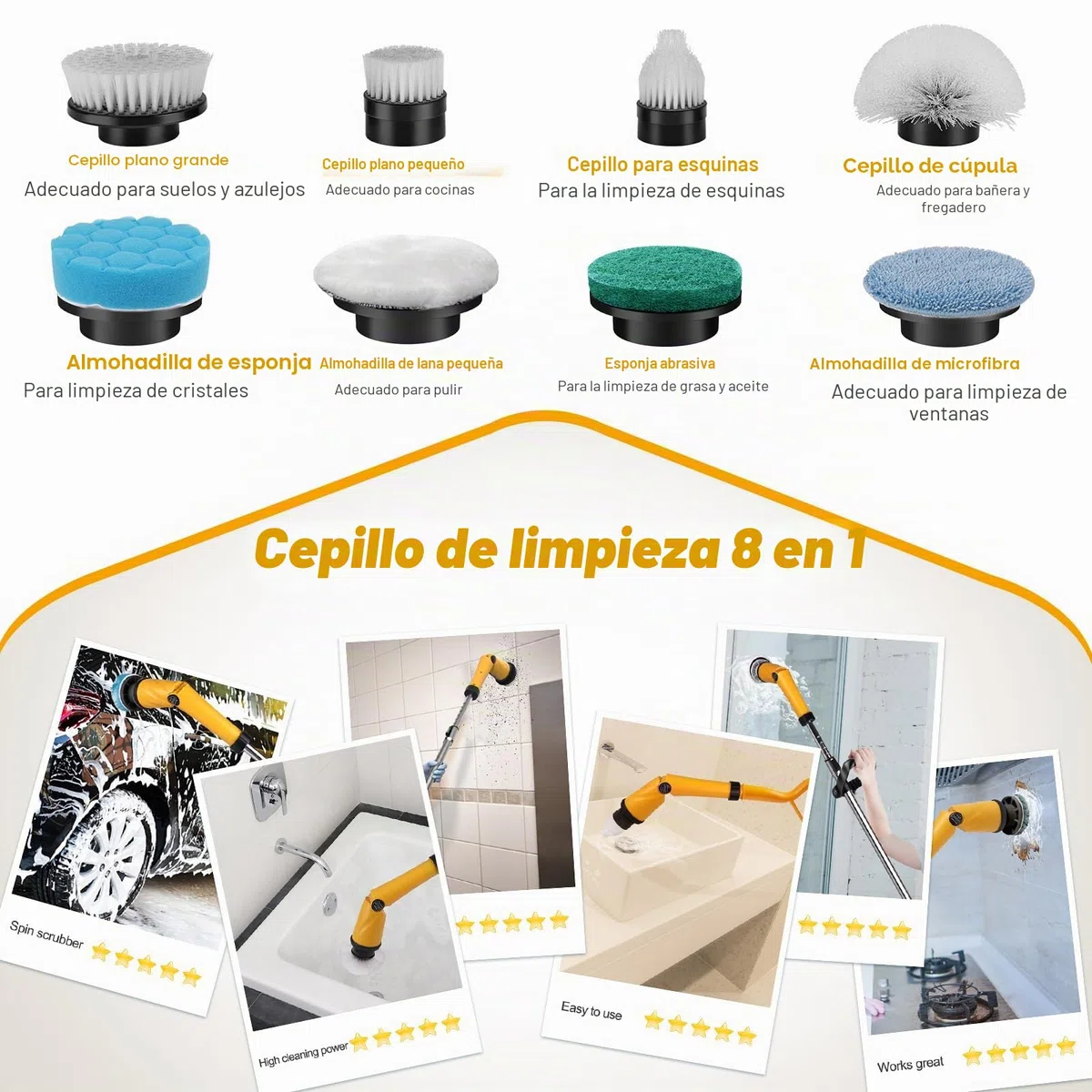 Qimedo Scrubber eléctrico 1500 RPM Power Scrubber con batería Recargable Cepillo de Limpieza eléctrico con 8 Cabezales Intercambiables para Ducha, baño, Suelo y Fregadero