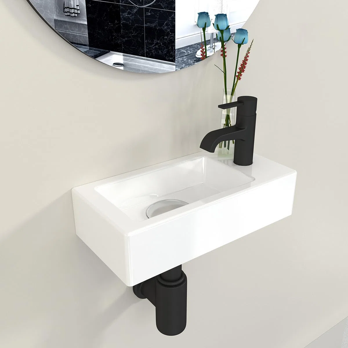 Lavabo Pequeño de Cerámica para Sobrepone o Suspender 36.5x18cm - Plato con Orificio para Grifo a la Derecha - Lavamanos Compacto para Baño, Aseo o Barco