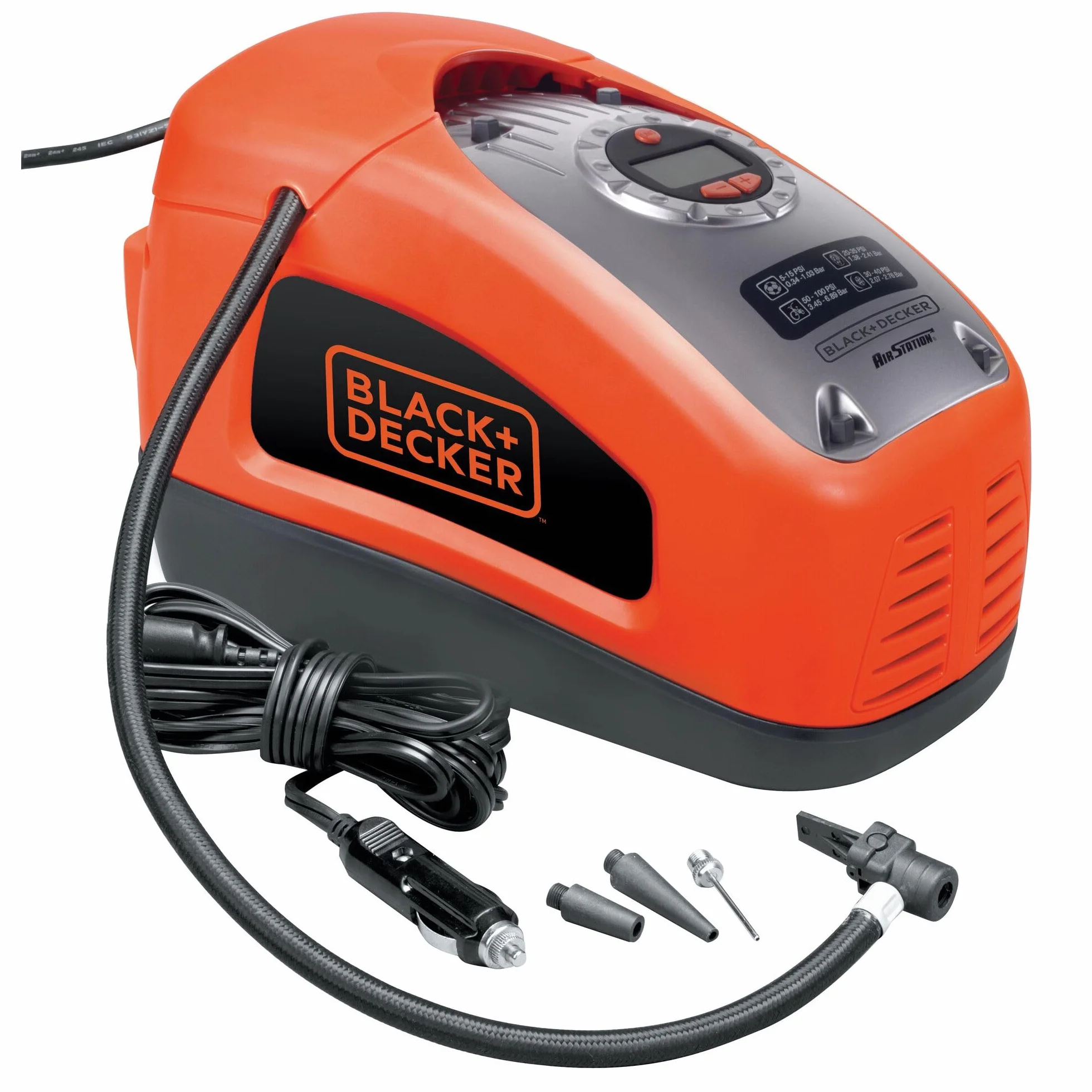 BLACK+DECKER Compresor de Aire Inflador con Cable, Potencia 160 PSI, Alimentación eléctrica 230V o corriente de coche CC 12V, Ajuste Digital de Presión, Auto-Apagado, ASI300-QS