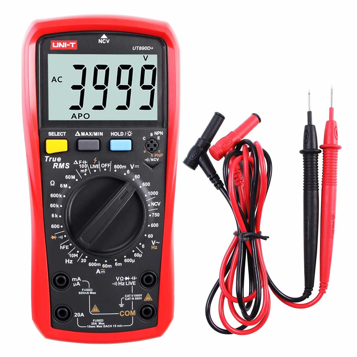 Multímetro UNI-T UT890D+ True RMS Voltímetro Amperímetro Ohmímetro Medidor AC/DC Corriente Voltage Resistencia Frecuencia Continuidad Capacitancia Diodo (Distinguir entre Cable Fase y Neutro)