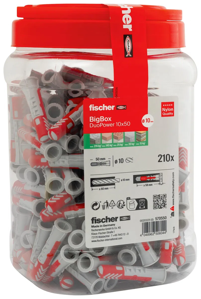fischer DuoPower 10 x 50 en BigBox, 210 tacos universales, potentes tacos de 2 componentes, tacos de plástico para fijación en hormigón, ladrillo, piedra, placas de yeso, etc. sin tornillos