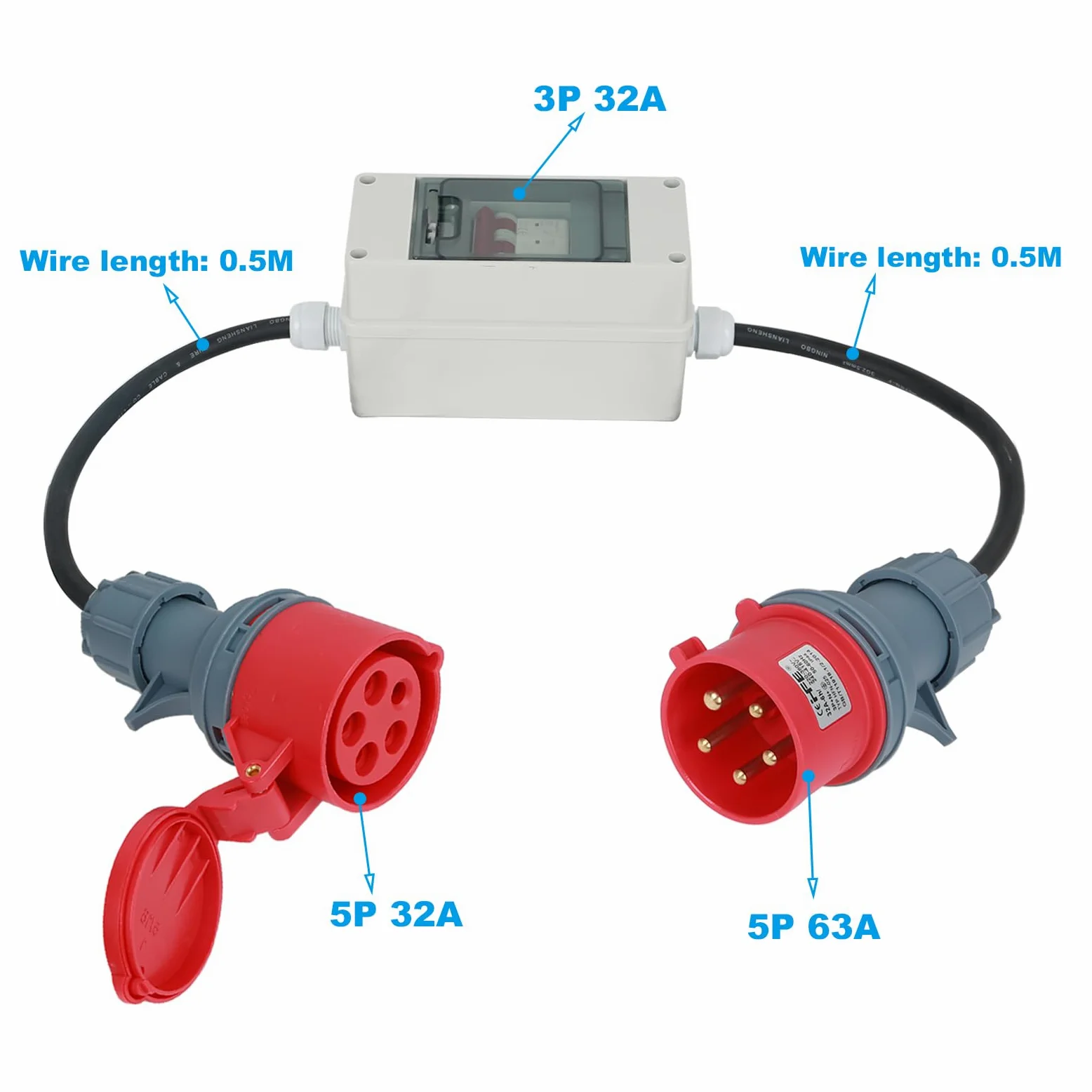 Adaptador CEE de 63 A a 32 A, 400 V 63 A a 32 A con fusible de 32 A, acoplamiento de corriente fuerte, 5G4/5G6 5P CEE adaptador de corriente enchufe y enchufe con interruptor de protección