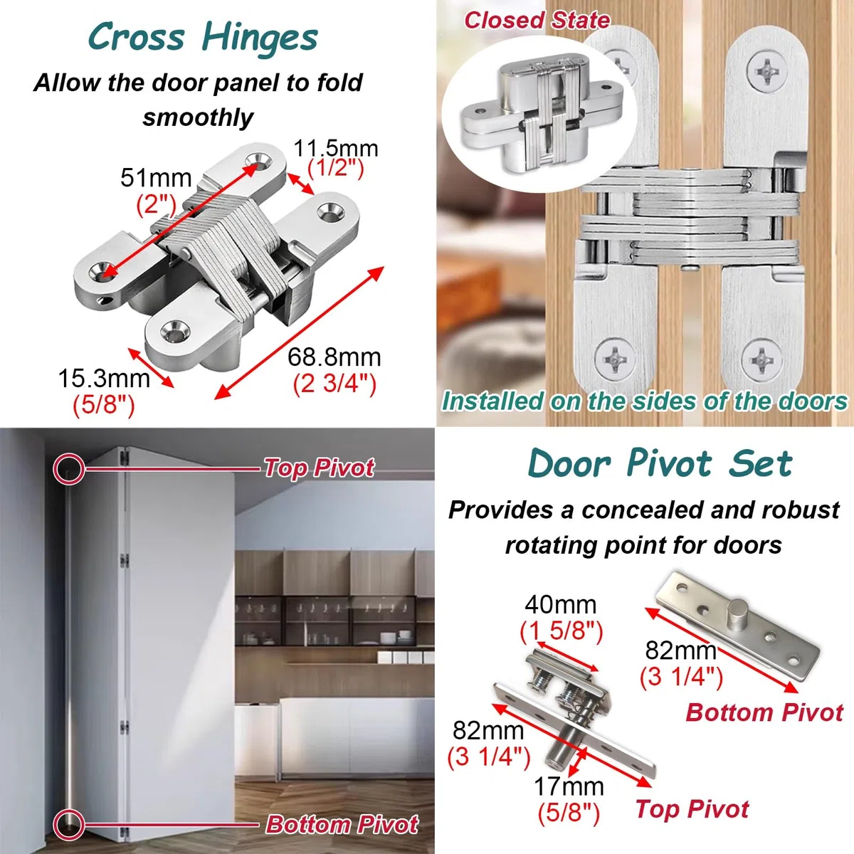 Vibeo Kit Puerta Corredera Oculta Kit de Herrajes para Puertas Plegables de Dos Hojas, Guía Superior para Puertas Correderas de Armario, Rieles de Aluminio para Armarios Plegables(75cm/30in)