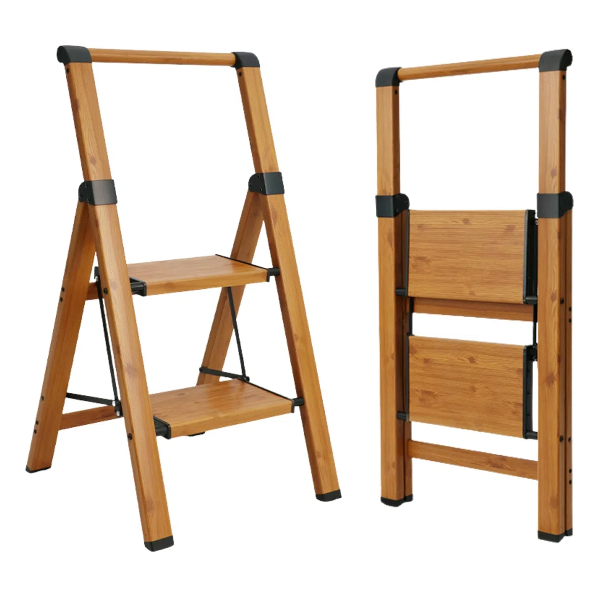 Escalera Plegable de Aluminio Efecto Madera para hogar y Cocina, 2 peldaños, peldaños Anchos Antideslizantes, EN 131