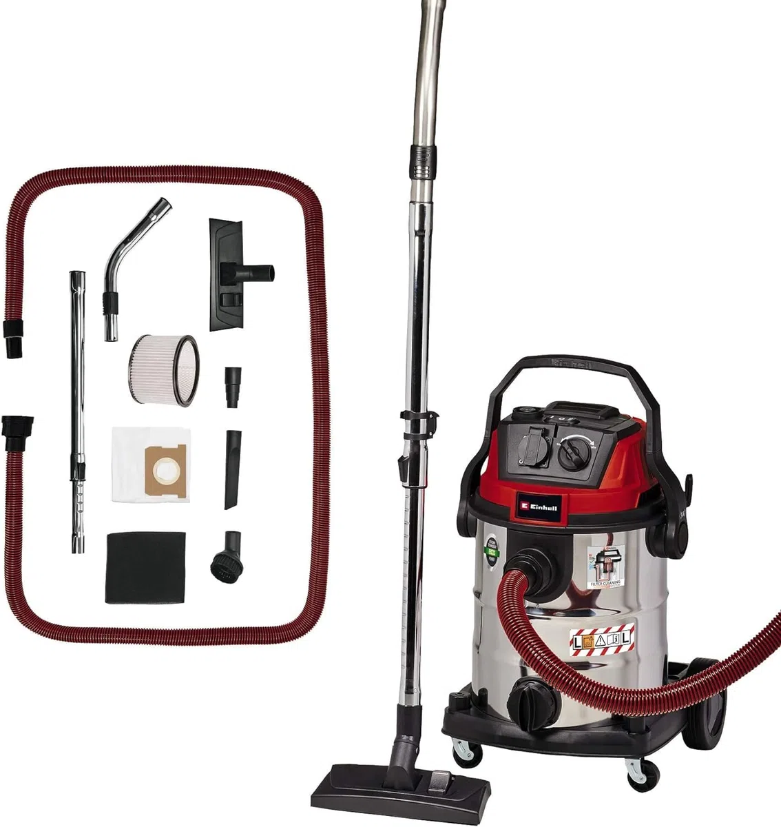 Einhell Aspirador en seco y húmedo TE-VC 2025 SACL (1200 W, Clase de Polvo L, para Polvos con valores MAK >1 MG/m³, 25 L, Limpieza de filtros, Enchufe de aparatos, Incl. Varias boquillas y filtros)