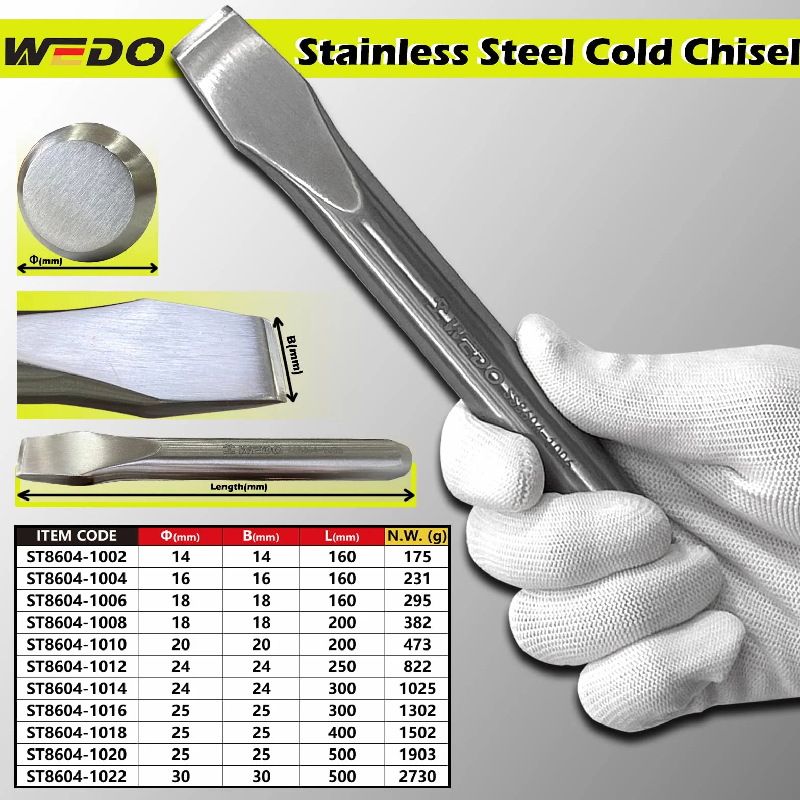 WEDO Cincel,Cortafríos de 24x250mm,Plano,Acero templado,acero inoxidable,anticorrosión, alta resistencia, superficie pulida, duradero, resistente al óxido,Cortafrío plano