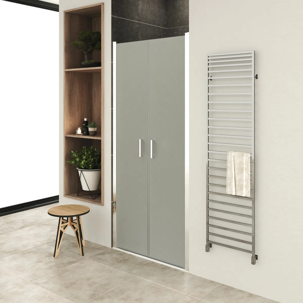 Mampara de Ducha LARA, Puerta Doble Abatible 77-80 x 195 cm - Vidrio de Seguridad Satinado ESG 6MM, Perfiles Cromo #NF