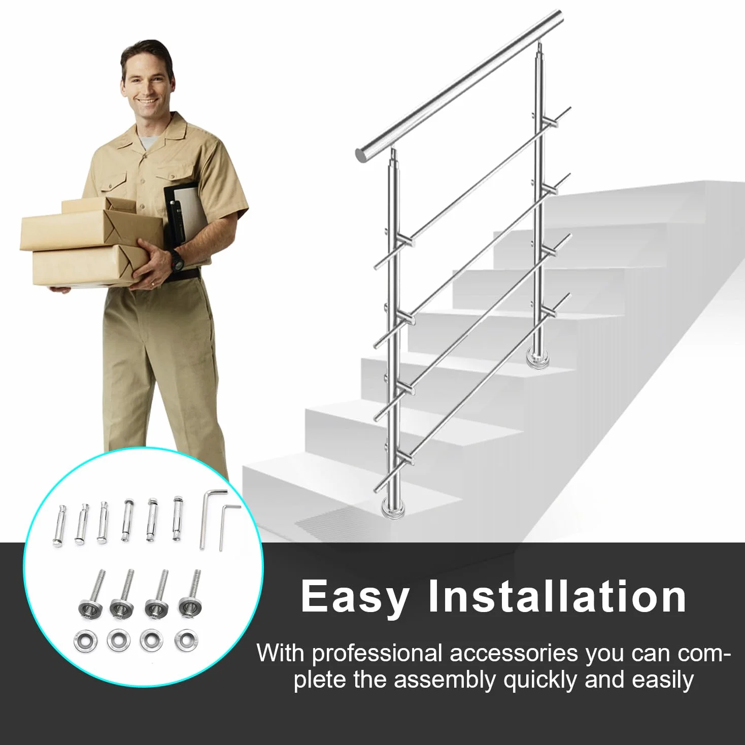 Sonnewelt Pasamanos escalera acero inox 150 * 4.2 * 106.5cm,2 barras,barandilla con kit de instalación,para interiores y exteriores, escaleras, balcón, balaustrada