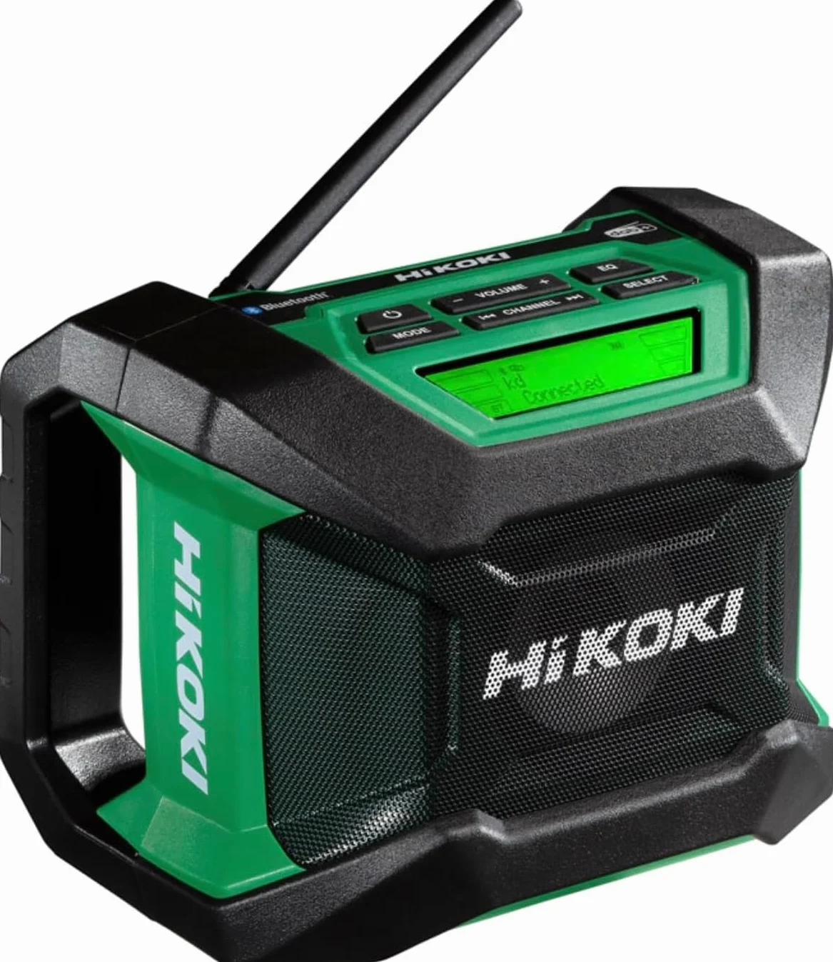 HiKOKI Radio de Obra a batería – 18 V – Bluetooth y Dab+/FM, Carcasa Robusta, Alto Volumen, Sonido Claro, Funcionamiento con Cable Posible, Pantalla con retroiluminación – con Adaptador de Corriente