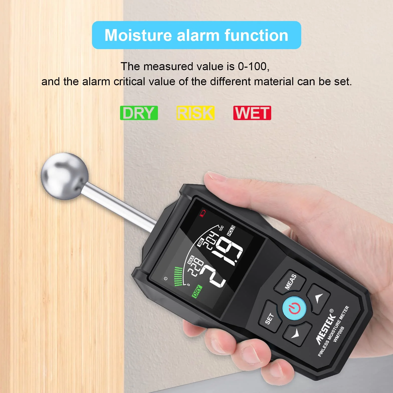 Medidor de Humedad MESTEK Humidímetros 20-40mm Digital sin Pin Detector de Humedad Portátil Humedad Medición Pantalla LCD Alarma para Madera, Paredes, Hormigón, Ladrillo y Materiales de Construcción