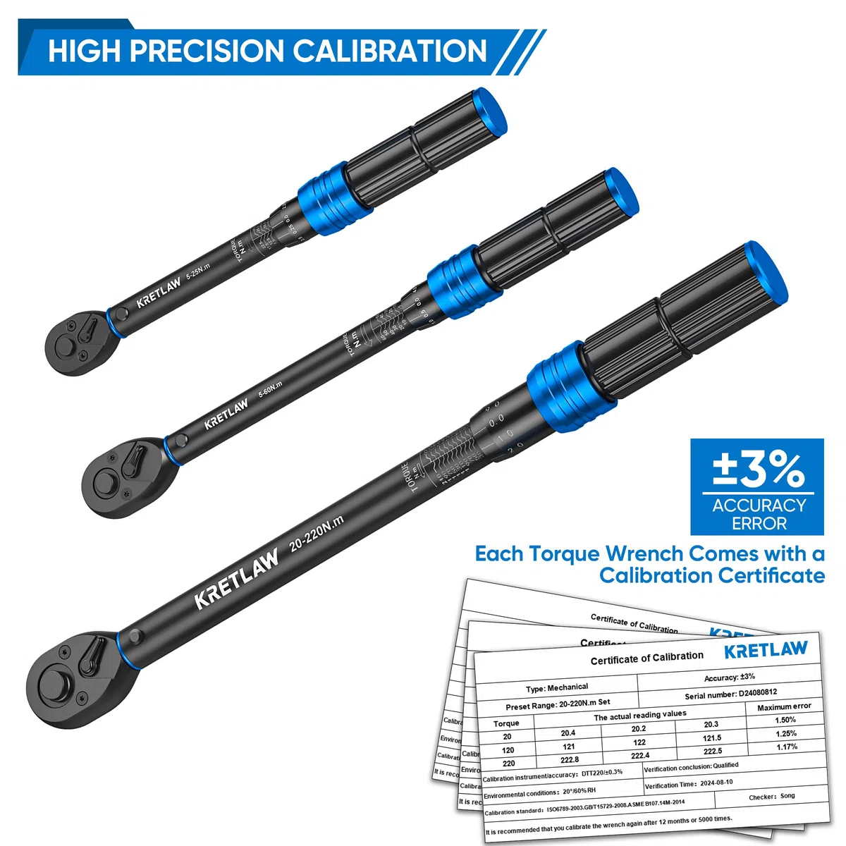 KRETLAW Juego de llaves dinamométricas de 1/2", 3/8" y 1/4", 6 piezas, 20-220 Nm, 5-60 Nm, llave dinamométrica de 5-25 Nm, con ±3% de cabeza de carraca de 72 dientes, 3 extensiones para bicicleta