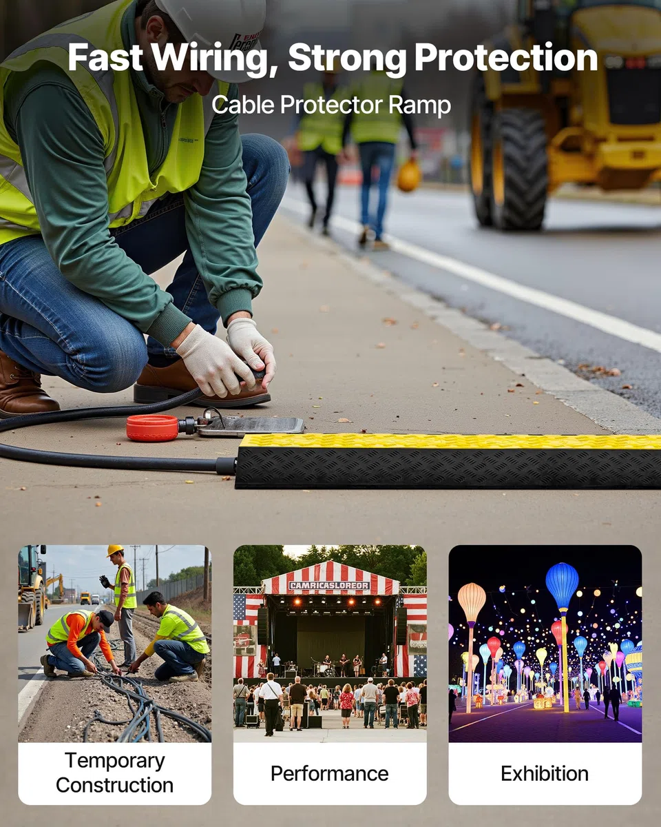 VEVOR Protector de Cables para Suelo de 2 Canales de 10 x 7,5 cm, Rampa de Protección de Cable Carga de Capacidad de 9979 kg, Rampa de Caucho para Interiores, Exteriores, Hogar, Oficina, Almacén