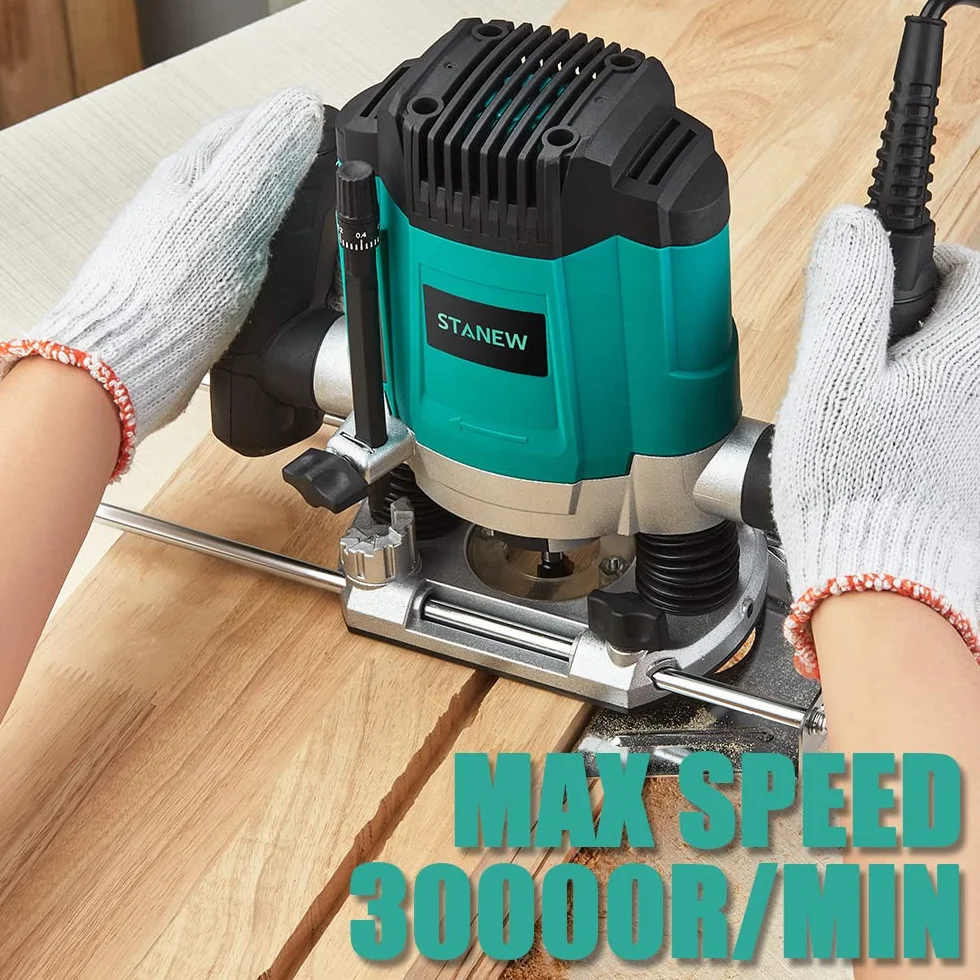 Stanew Fresadora ELECTRICA Para Madera1200 W 16000-30000 RPM,Profession Rebajadora Eléctrica con Juego de 12 fresas,6 Velocidades,Ajuste de la Profundidad de Fresado.