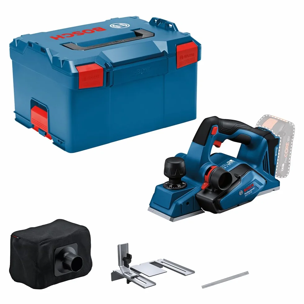 Bosch Professional 18V System cepillo a batería GHO 18V-26 (motor sin escobillas, incl. bolsa para polvo, tope paralelo, 1 cuchilla Wood Razor, L-BOXX, sin batería/cargador)