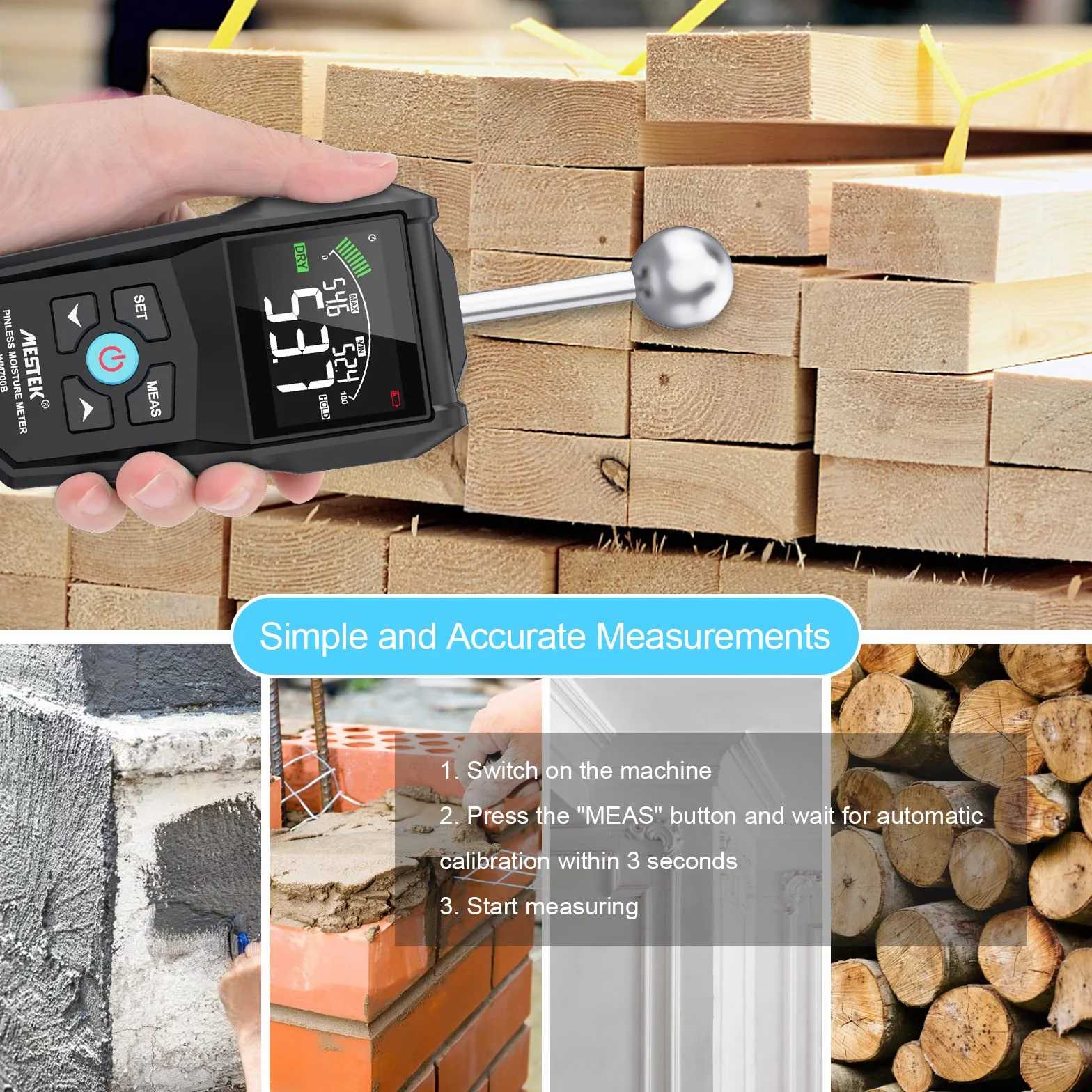 Medidor de Humedad MESTEK Humidímetros 20-40mm Digital sin Pin Detector de Humedad Portátil Humedad Medición Pantalla LCD Alarma para Madera, Paredes, Hormigón, Ladrillo y Materiales de Construcción