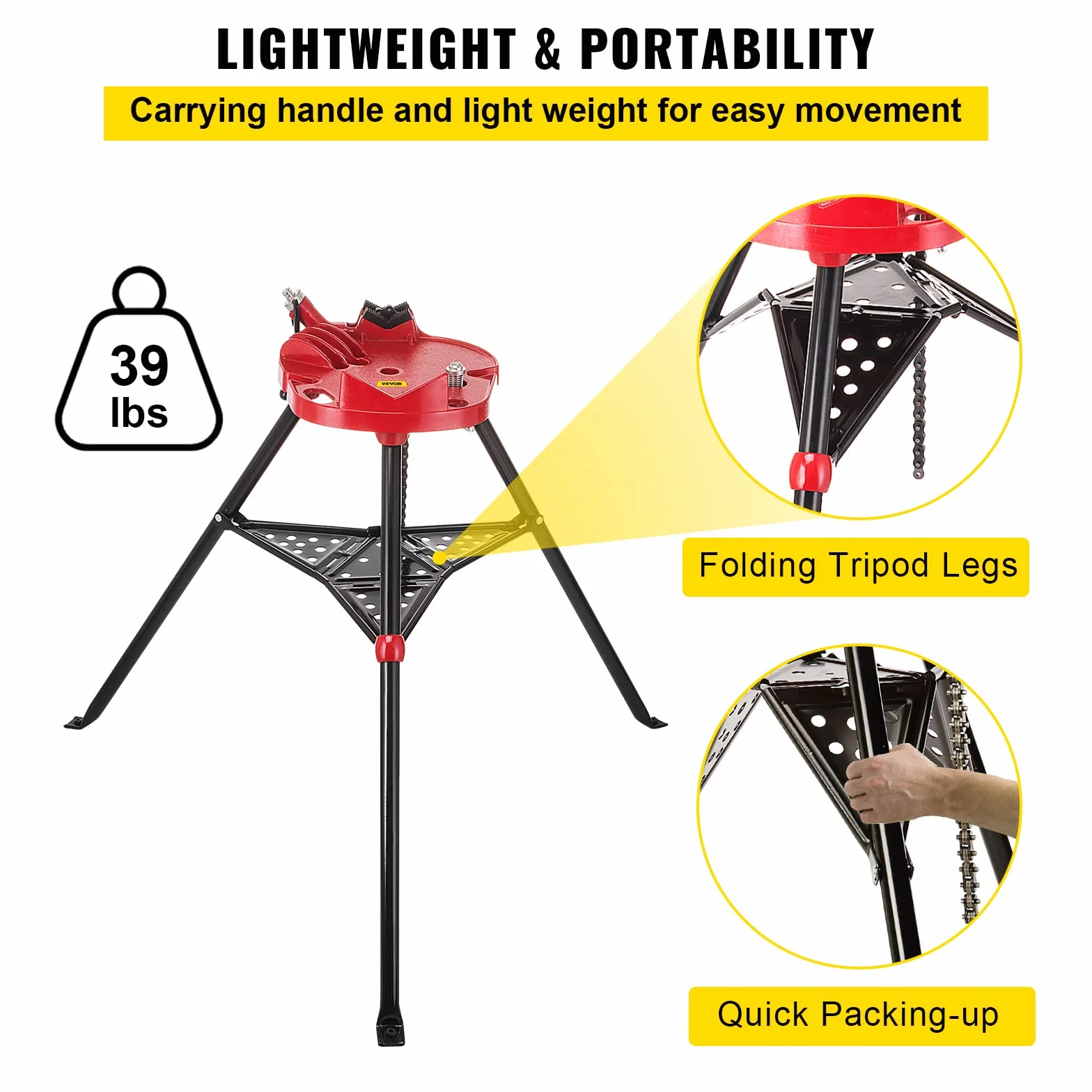 VEVOR Soporte para tuberías con trípode para Tubos 3,2 a 152 mm Patas de Acero Plegables Soportes para Tubos con Bandeja Tornillo de Banco con Cadena para una Variedad de Materiales de tuberías