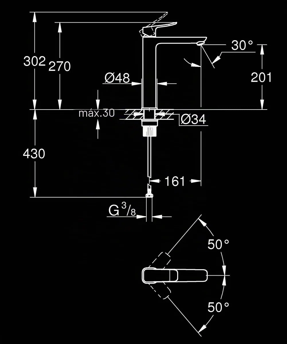 GROHE Dice Grifo de Lavabo XL Cuerpo Liso para Lavabos Exentos (Cartucho Cerámico 28 mm, Ahorro de Agua, Conexiones 3/8", Fácil de Instalar QuickTool Incluido), Negro Mate, 1018922430