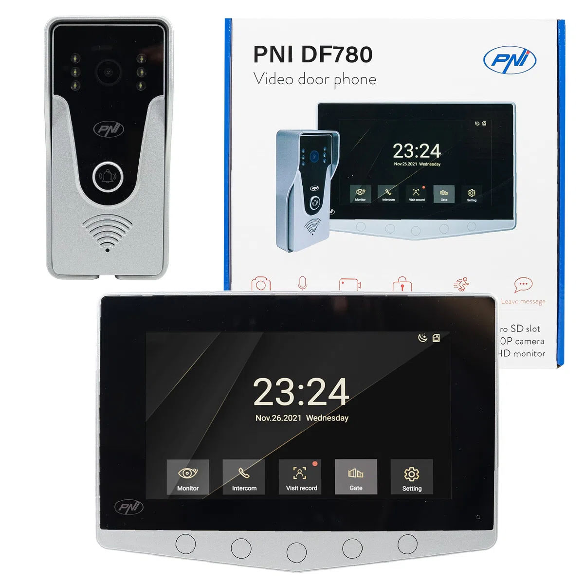 PNI DF780 Sistema de videoportero de 1 monitor, pantalla táctil de 7" 1080p, ranura para tarjeta, IP65 admite conexión en serie de 4 monitores, 2 unidades externas y 2 cámaras CCTV