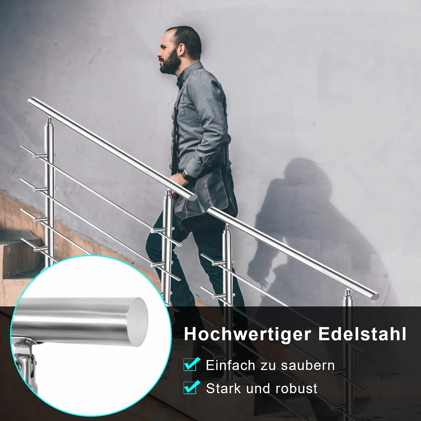 Ikodm Barandilla de acero inoxidable para escaleras, 100 cm, con 2 barras transversales y accesorios, para escalera interior, balcón, entrada de casa