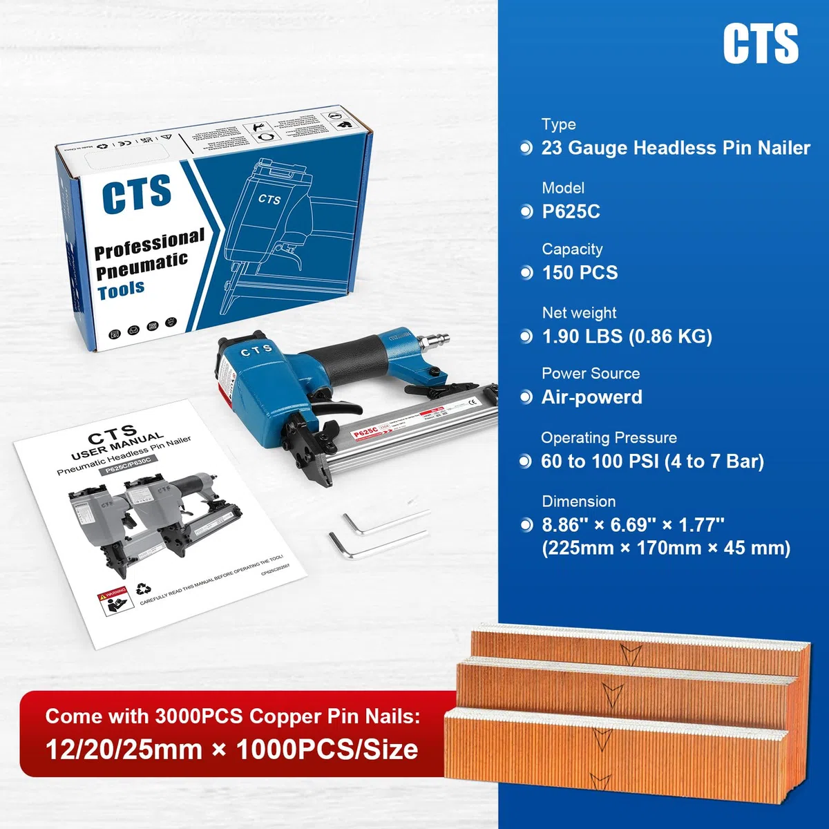 CTS P625C - Clavadora de pines de calibre 23 con 3000 piezas de clavos, pistola neumática de clavos sin cabeza con bloqueo de seguridad, se adapta a clavos de pines de 1/2'' a 1'' (12 a 25 mm
