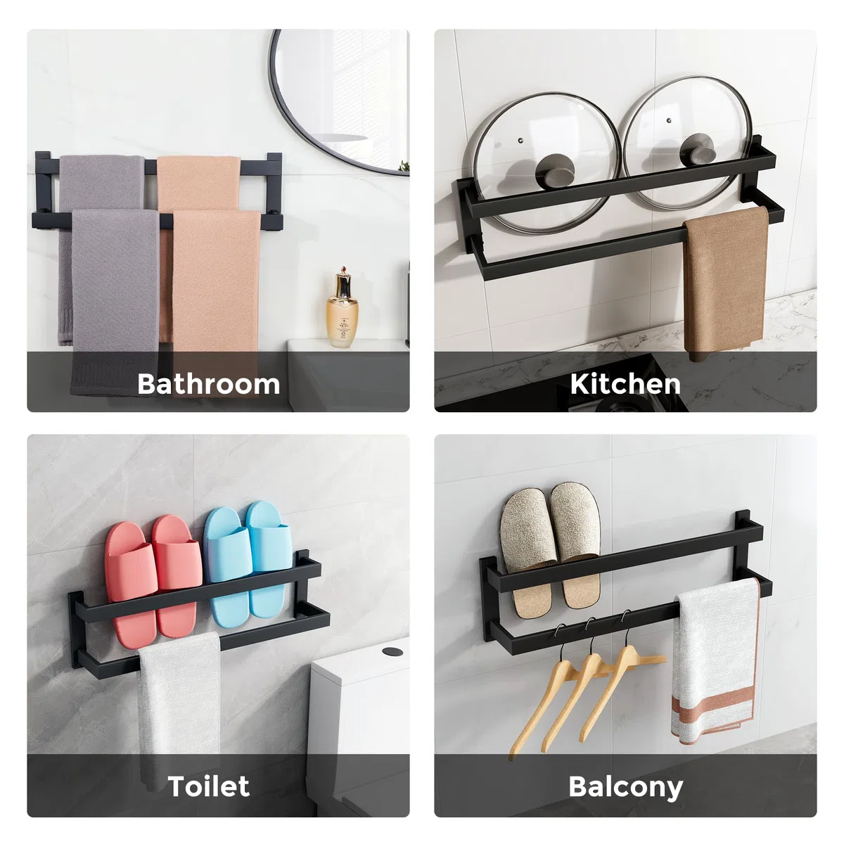 SAYAYO Toalleros de Baño Toallero Negro Doble Barra de Toalla Pared Accesorios Baño Negro Acero Inoxidable Colgador Trapos Cocina para Baño y Cocina 58CM, EGOY002-B