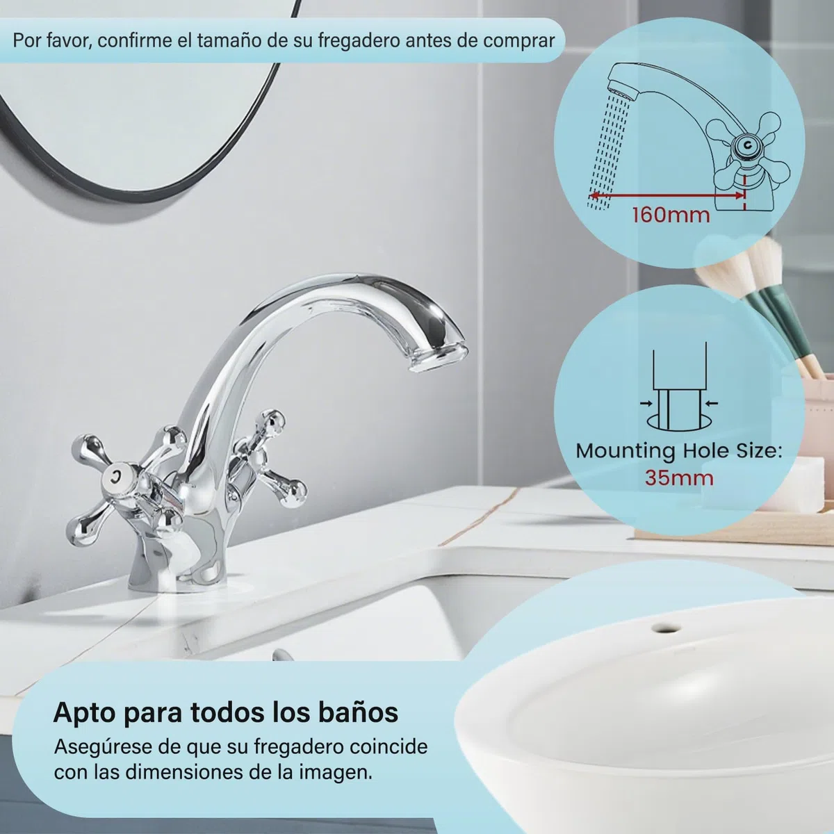 Grifo Mezclador con dos Mandos en Cruz para Lavabo Estilo Victoriano Tradicional Grifo de Lavabo vintage Cromado