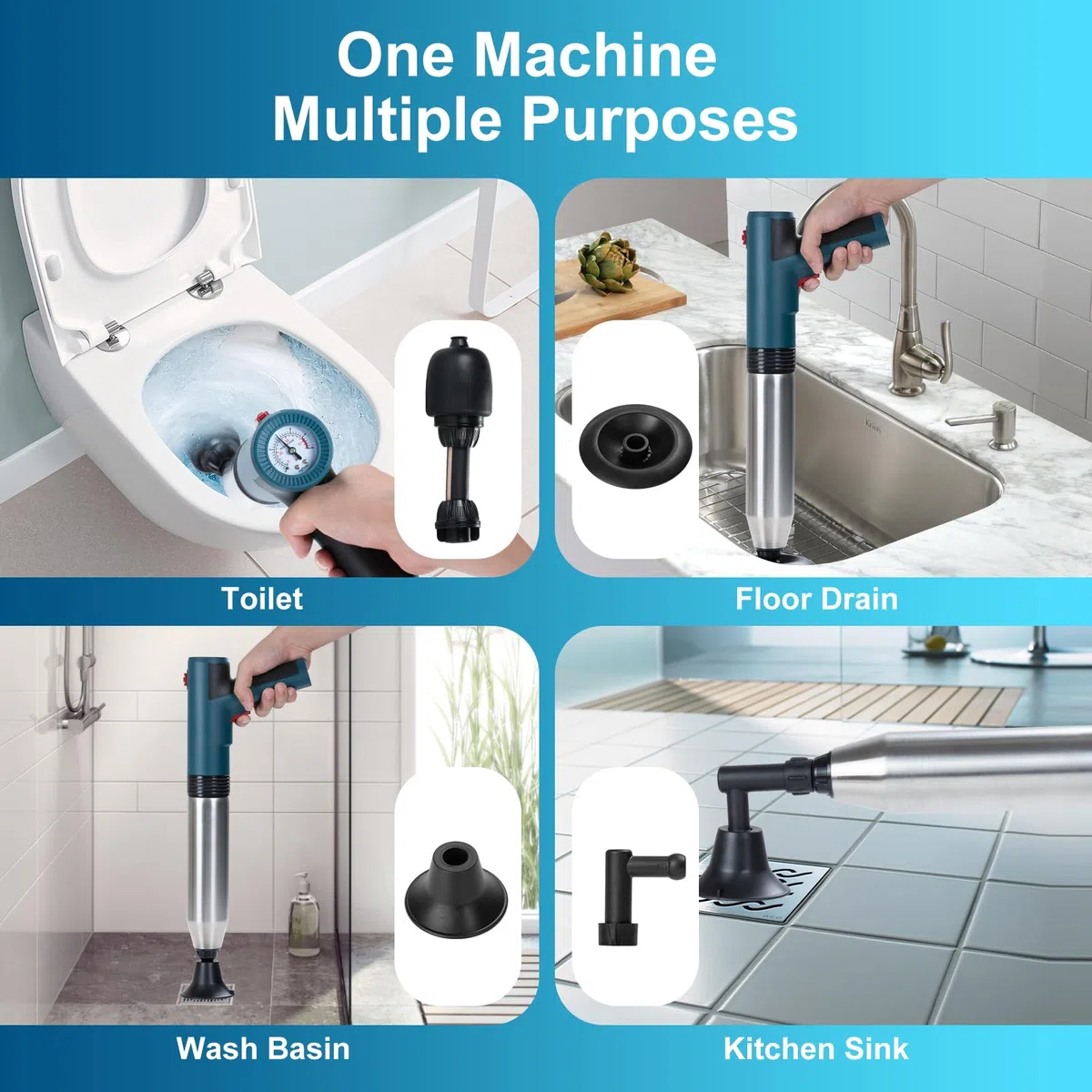 Desatascador eléctrico Tuberías WC, Desatascador eléctrico profesional, Desatascador de Tuberías de Alta Presión con Manómetro, para Inodoro, Lavabo, Fregadero, Ducha y Bañera