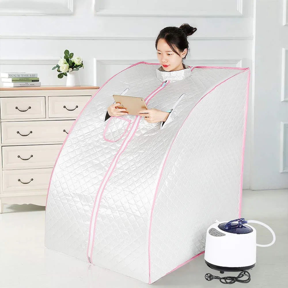 Mini sauna de vapor móvil Sauna casera Cabina de calor Sauna sentado Cabina de sauna Vapor Fumigación 1000W, 99x88x76 cm (Plata)