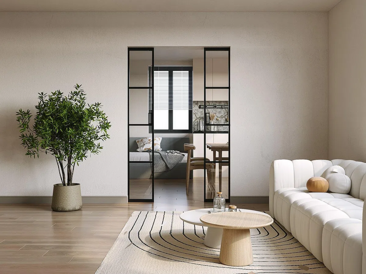 Vente-unique - Puerta corredera doble con sistema de empotrado en aluminio y vidrio templado - 2 x H205 x L83 cm - WILDEN II
